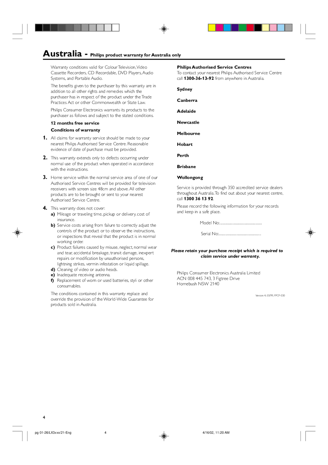 Philips LX3000D manual Australia Philips product warranty for Australia only, Philips Authorised Service Centres 