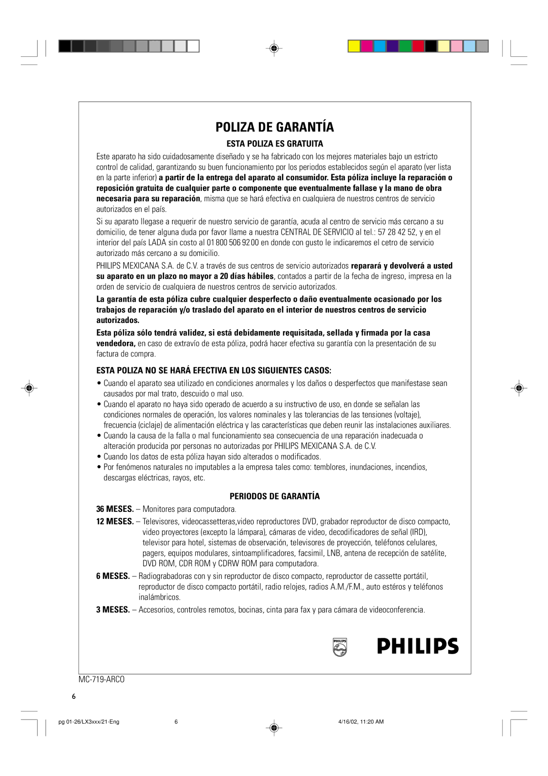 Philips LX3000D manual Poliza DE Garantía 