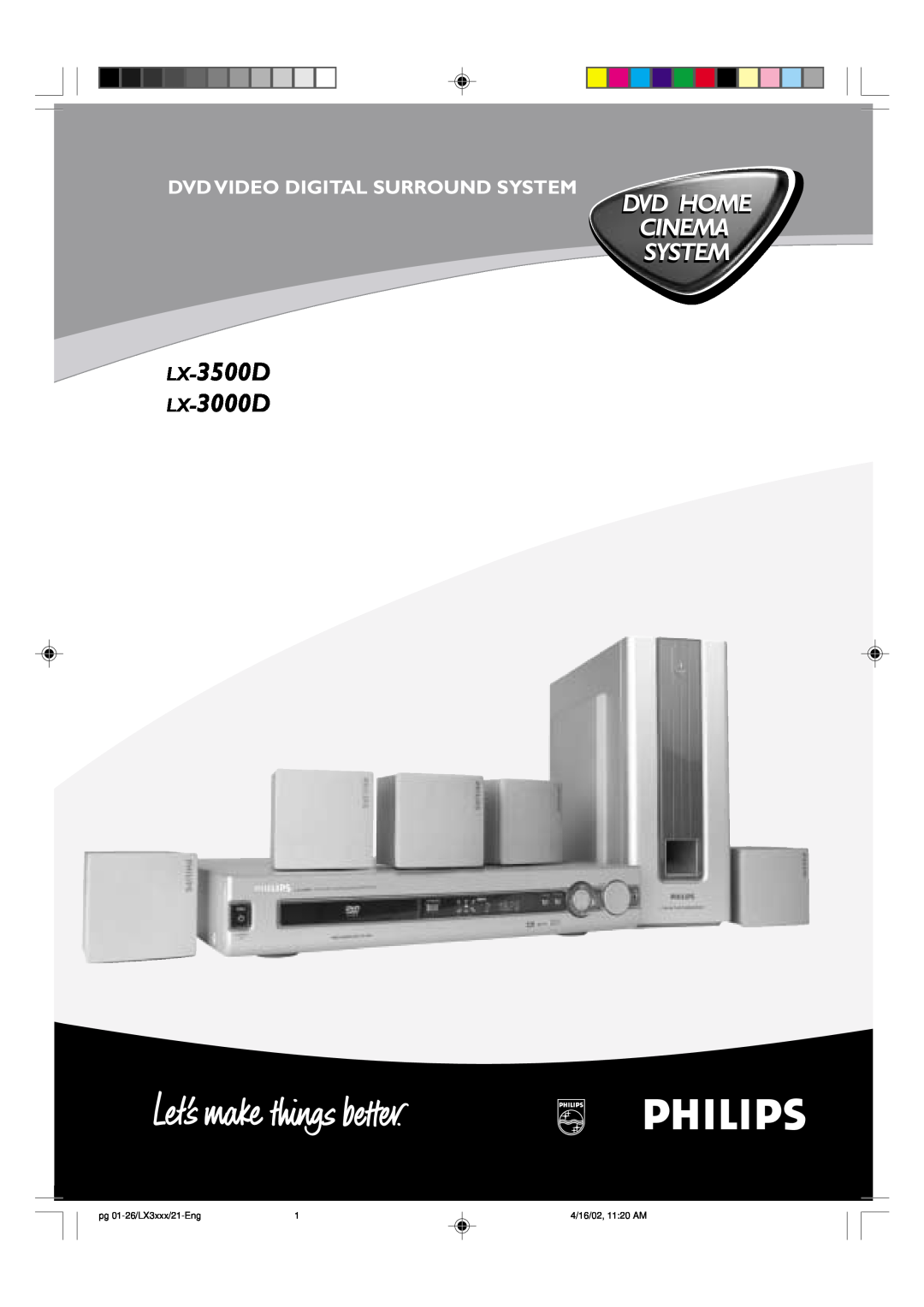 Philips LX3000D manual LX-3500D LX-3000D, Dvd Home Cinema System, Dvd Video Digital Surround System, 4/16/02, 11 20 AM 