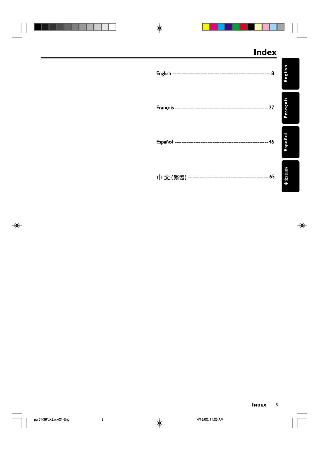 Philips LX3000D manual Index, Español Français English, pg 01-26/LX3xxx/21-Eng, 4/16/02, 11 20 AM 