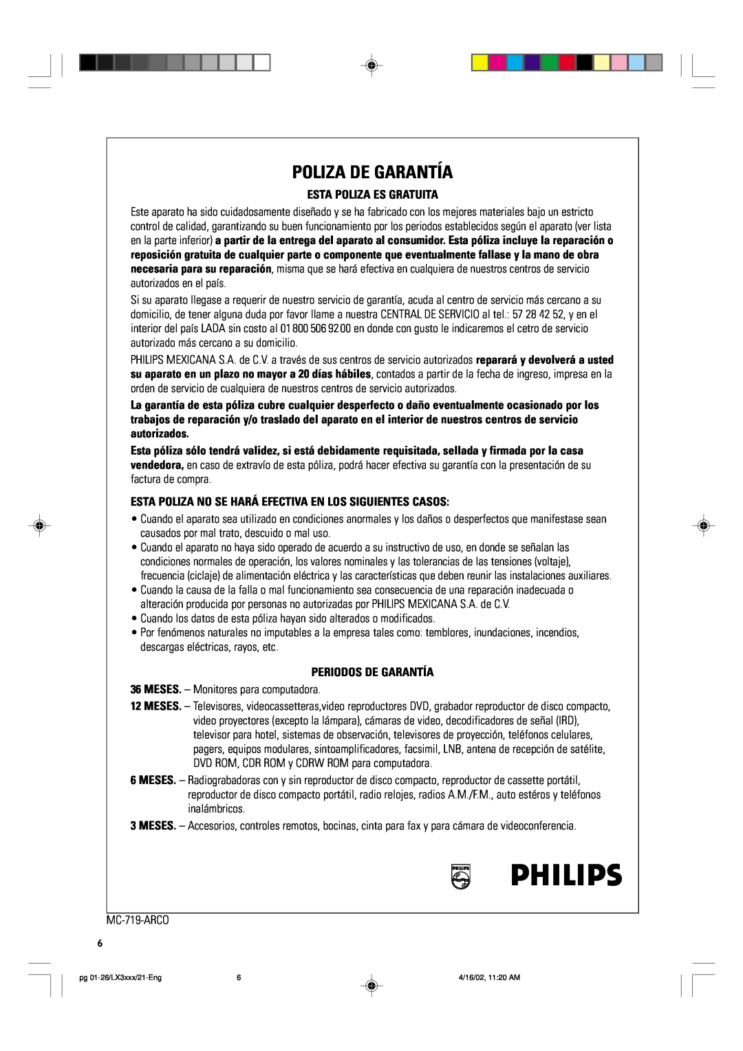 Philips LX3000D manual Poliza De Garantía 