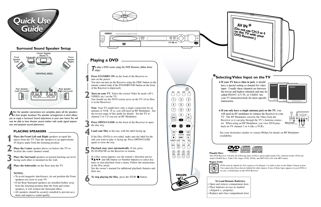 Philips LX3000D37 Or4, Your, Surround Sound Speaker Setup, Selecting Video Input on the TV, To Load Remote Batteries 