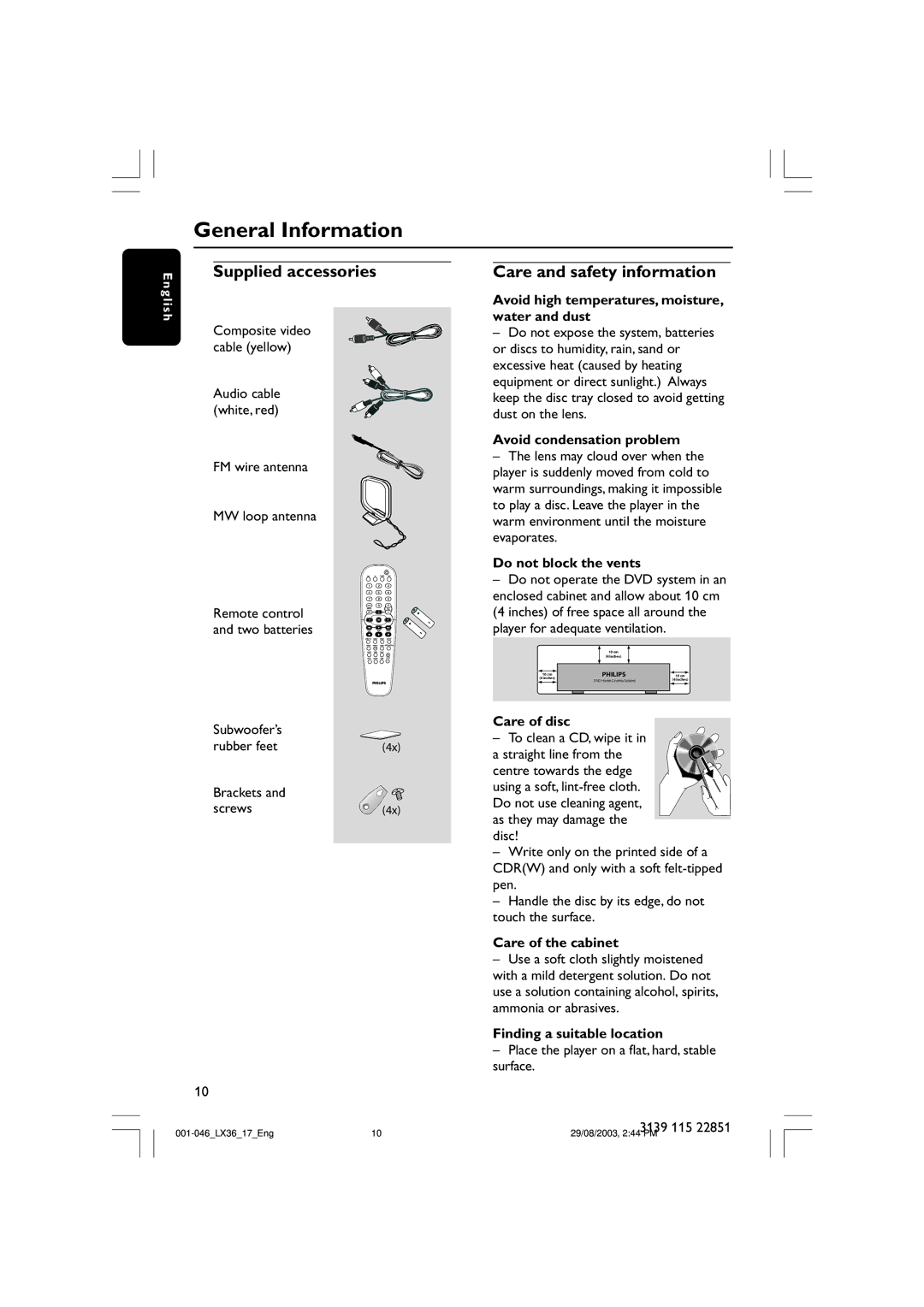 Philips LX3600 warranty General Information, Care and safety information, Supplied accessories 