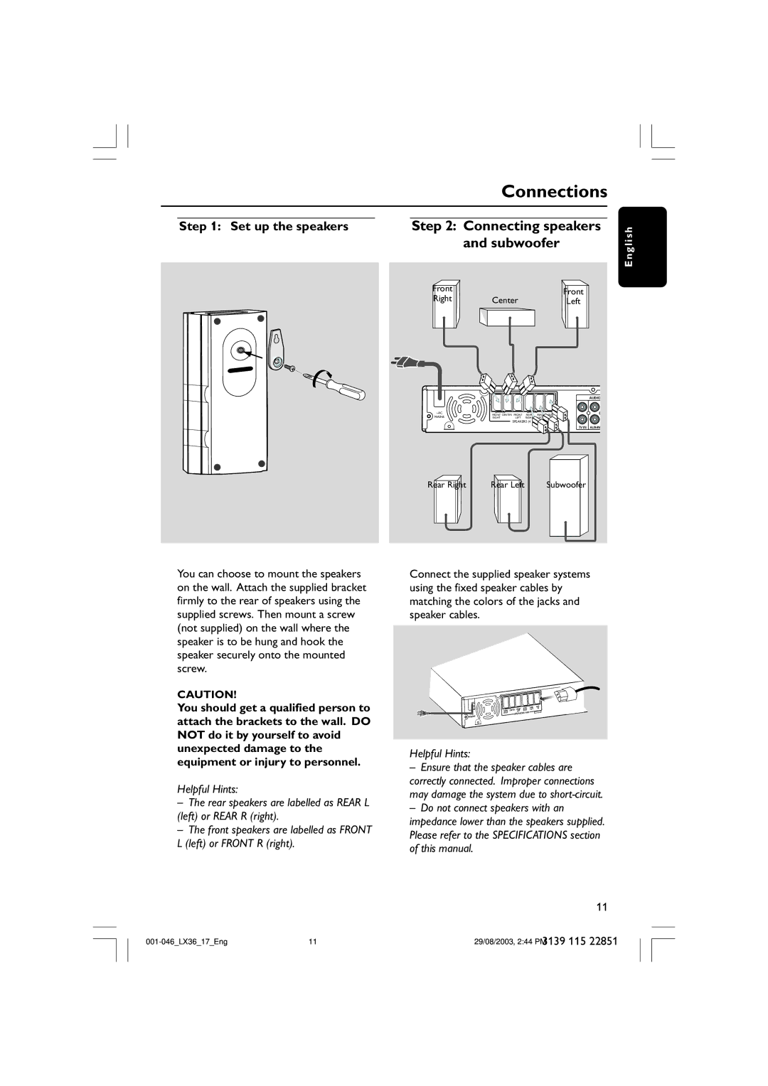 Philips LX3600 warranty Connections, Set up the speakers Connecting speakers Subwoofer 