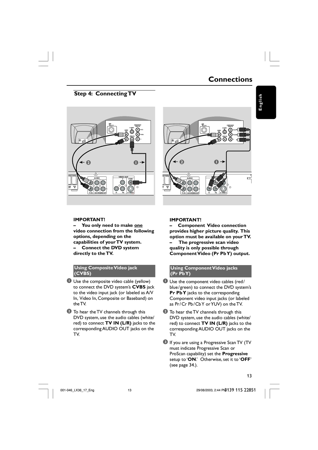 Philips LX3600 warranty Connecting TV, Using Composite Video jack Cvbs, Using Component Video jacks Pr Pb Y 