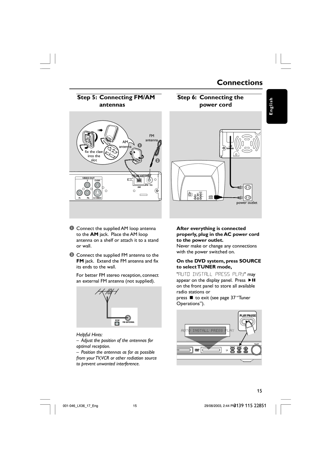 Philips LX3600 warranty Connecting FM/AM Antennas Power cord, On the DVD system, press Source to select Tuner mode 