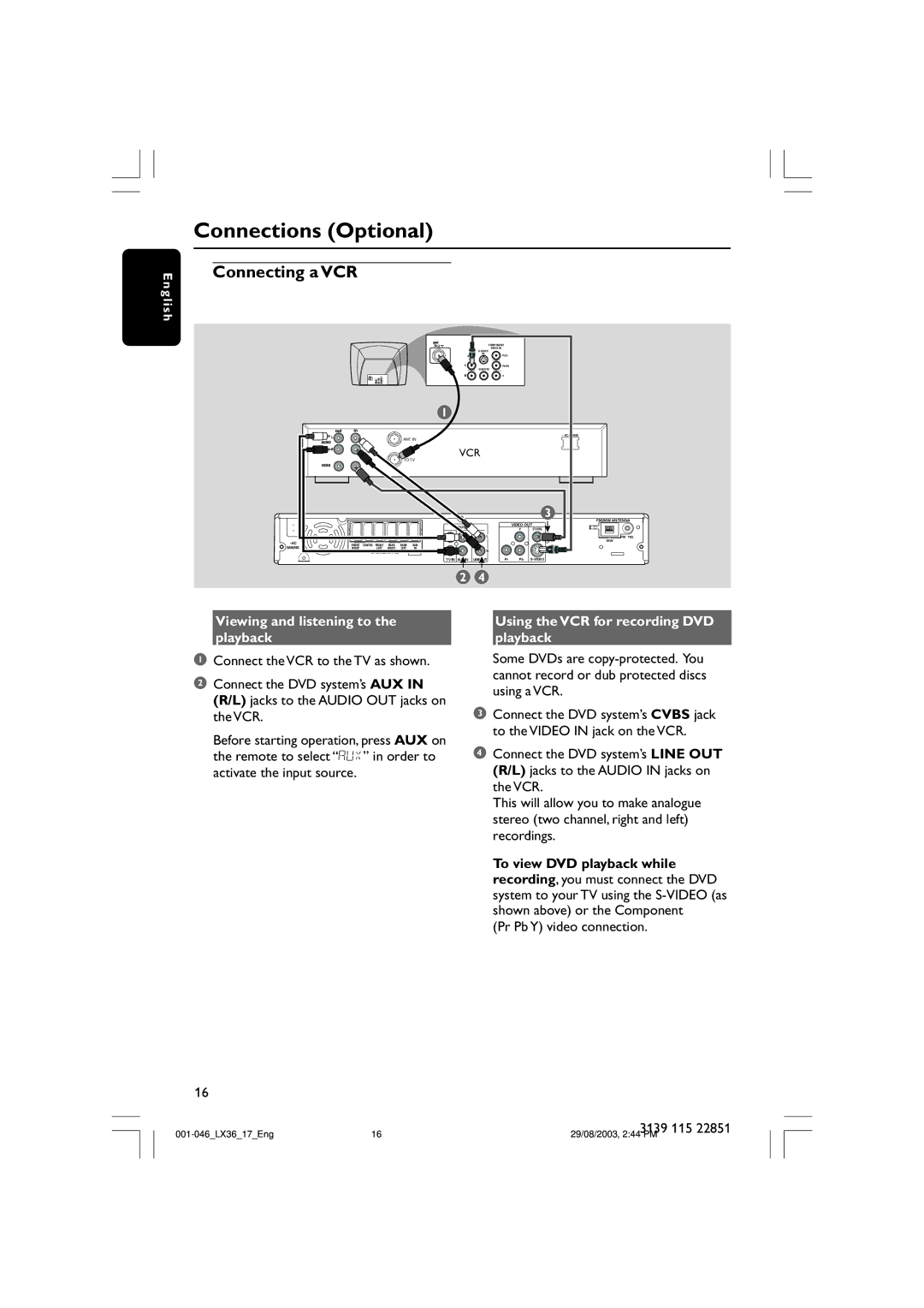 Philips LX3600 warranty Connections Optional, Connecting a VCR, Viewing and listening to the playback 