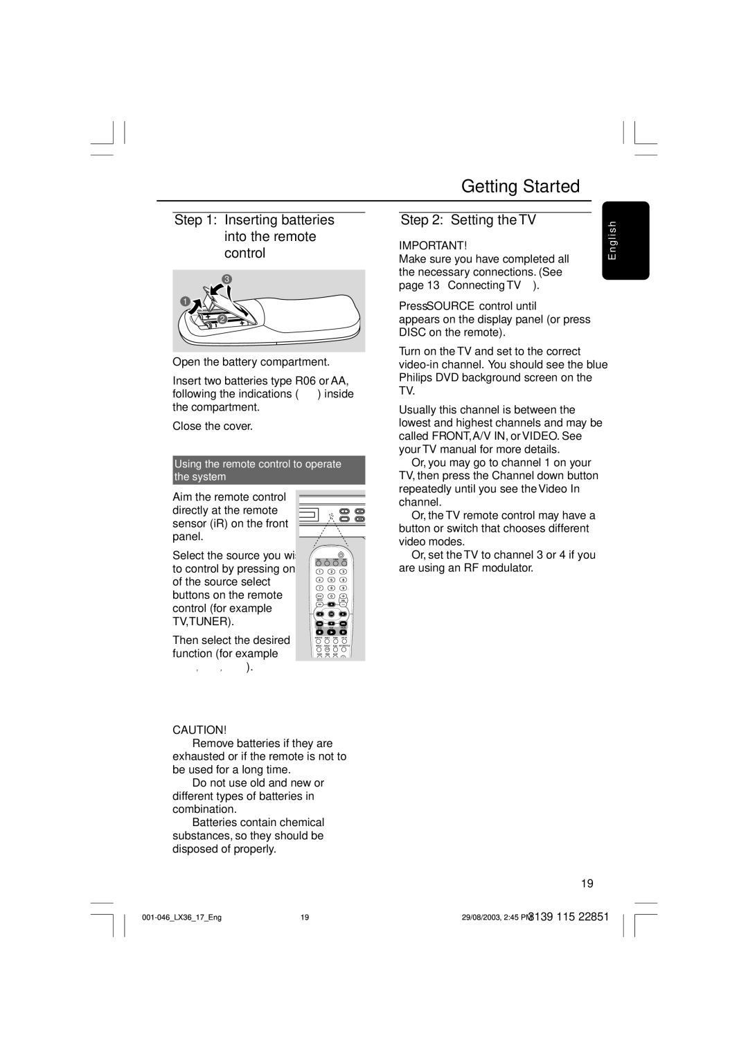 Philips LX3600 warranty Getting Started, Inserting batteries into the remote control, Setting the TV 