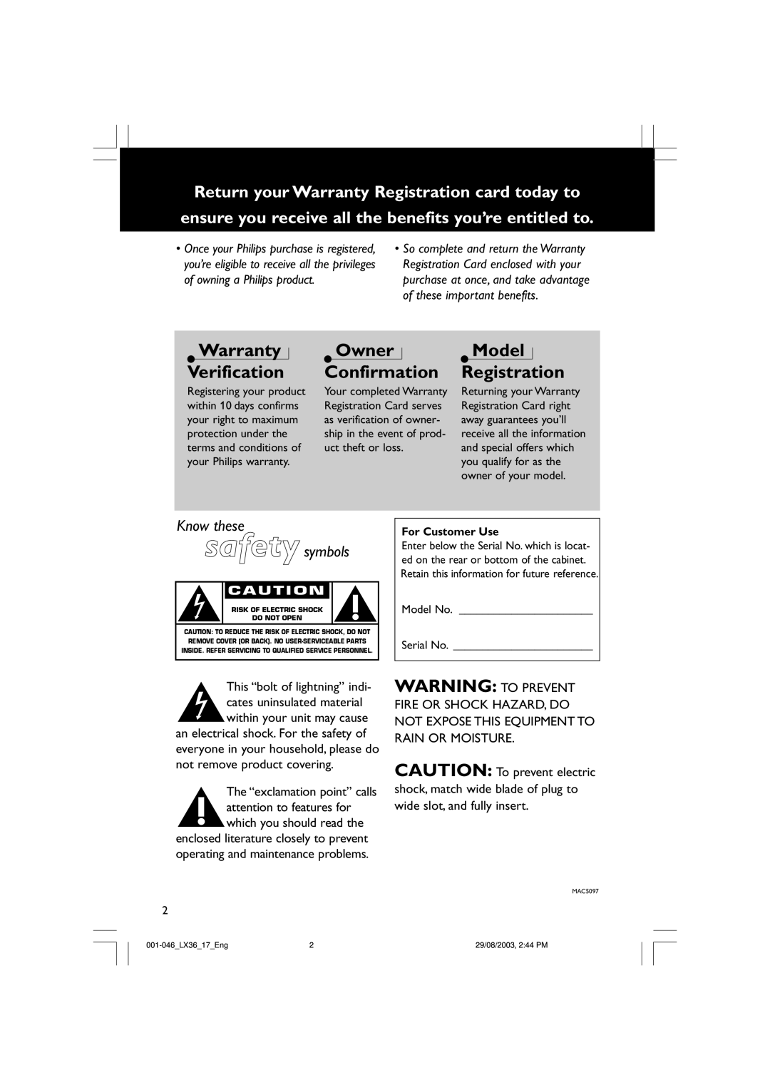 Philips LX3600 warranty Warranty Verification, Owner Confirmation, Model Registration, For Customer Use 