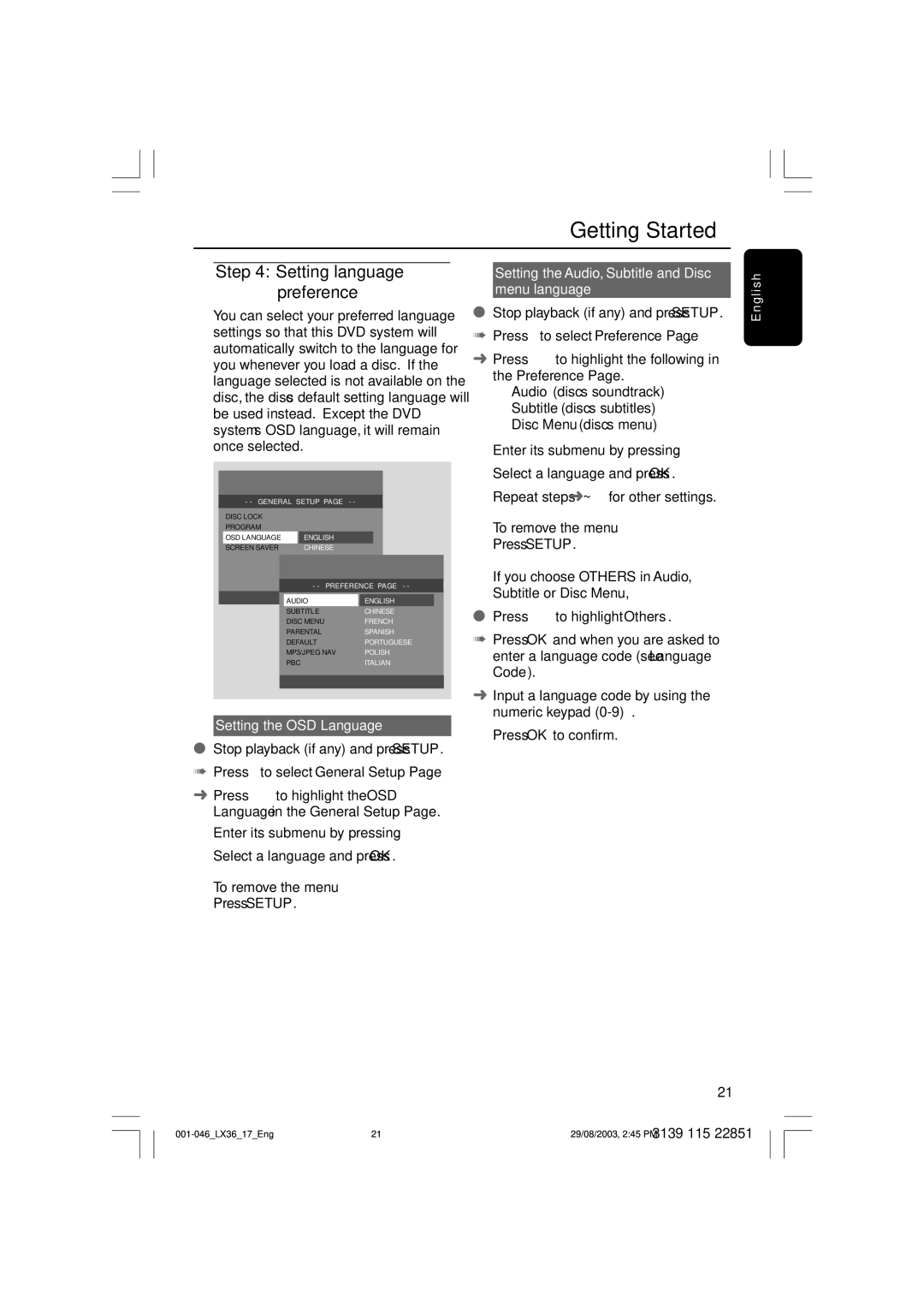 Philips LX3600 warranty Setting the OSD Language, Setting the Audio, Subtitle and Disc menu language 