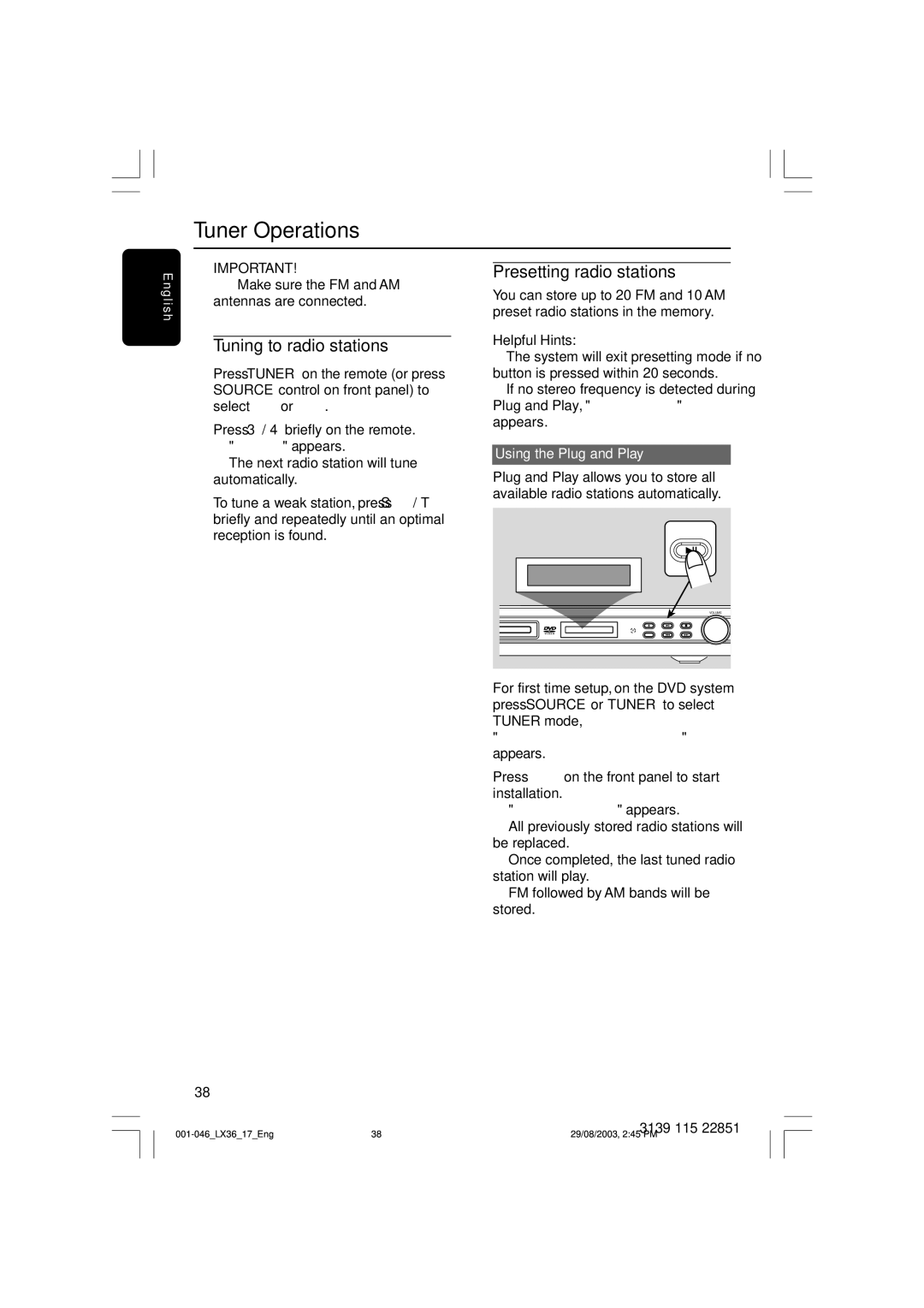 Philips LX3600 warranty Tuner Operations, Tuning to radio stations, Presetting radio stations, Using the Plug and Play 