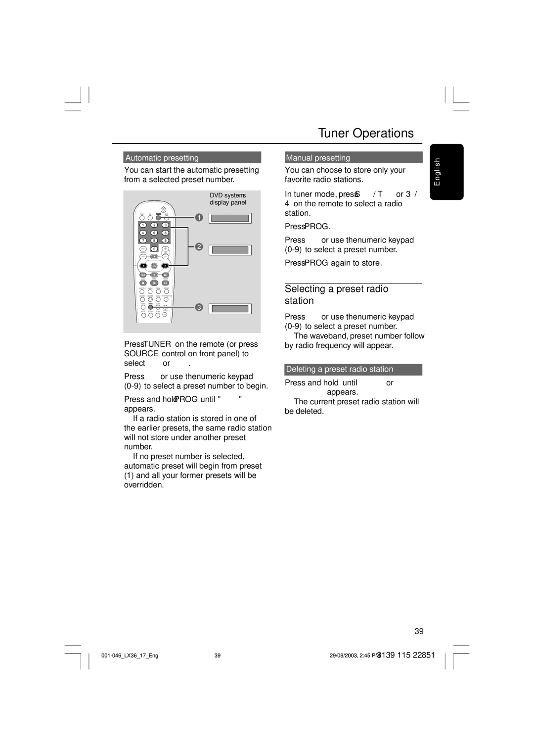 Philips LX3600 Selecting a preset radio station, Automatic presetting Manual presetting, Deleting a preset radio station 