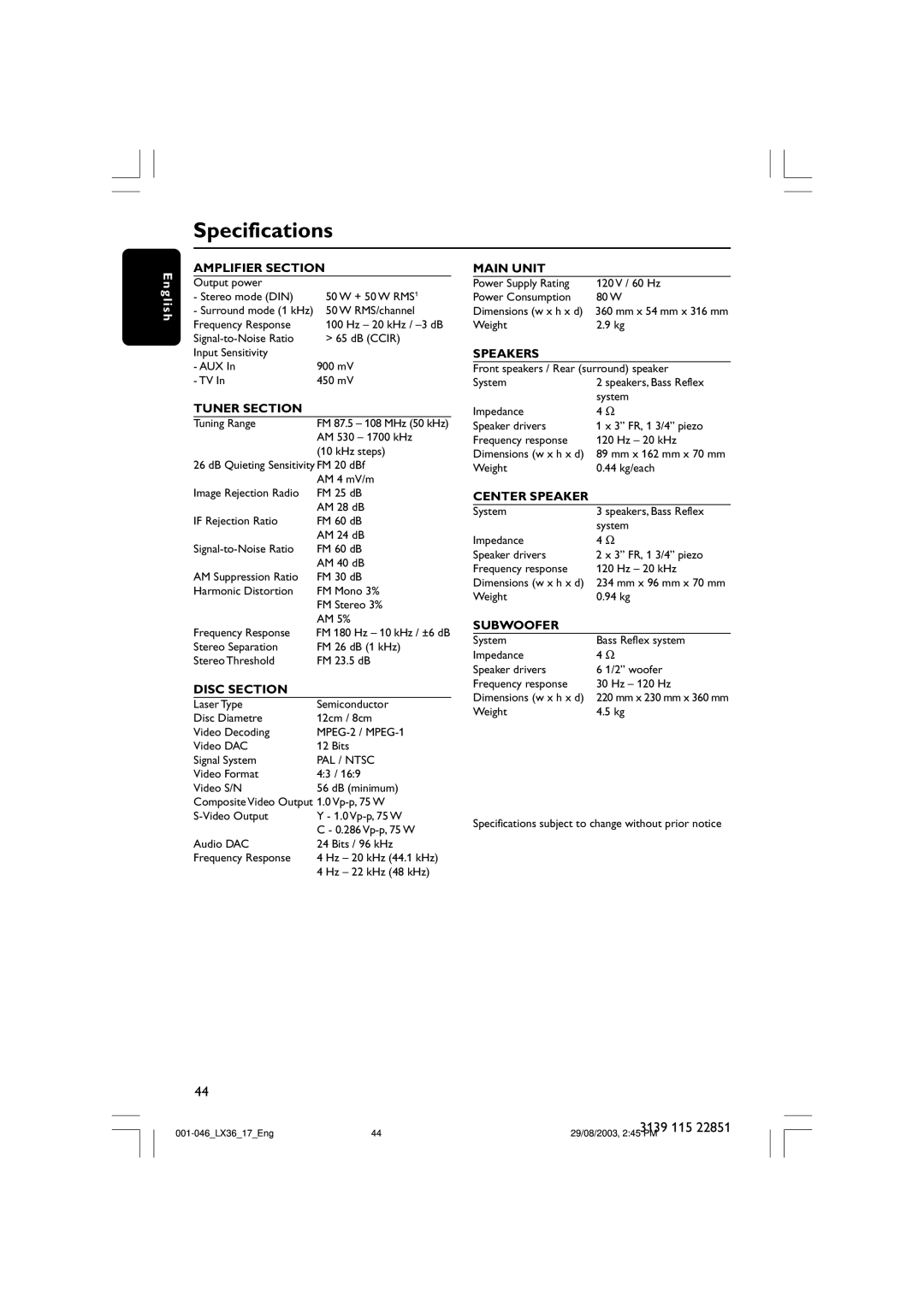 Philips LX3600 warranty Specifications, Amplifier Section 