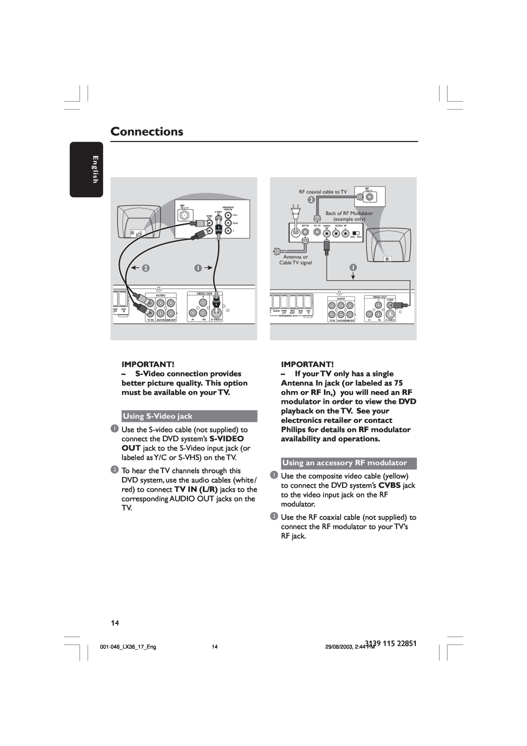 Philips LX3600 warranty Connections, Using S-Videojack, Using an accessory RF modulator 
