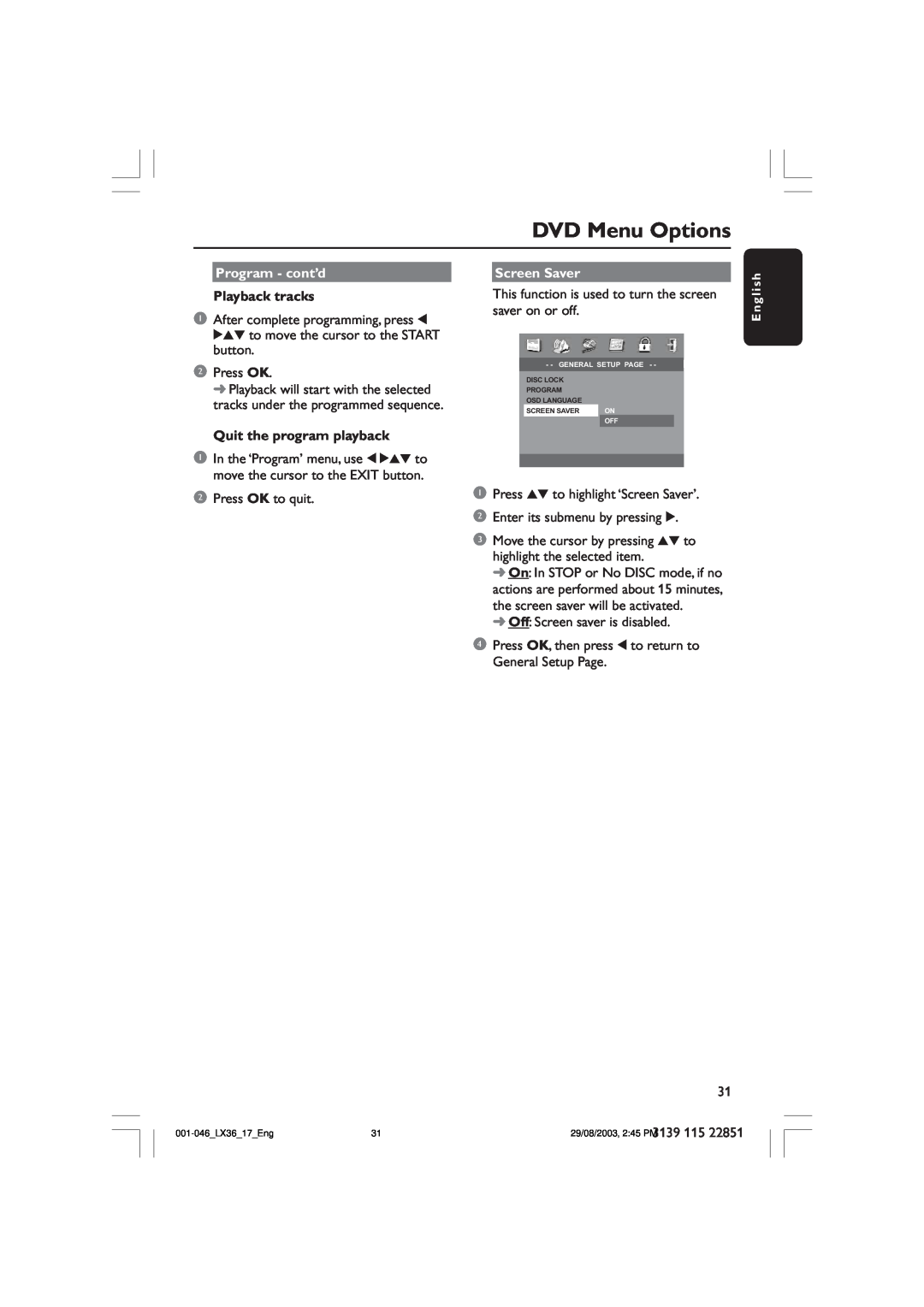 Philips LX3600 warranty DVD Menu Options, Program - cont’d, Playback tracks, Quit the program playback, Screen Saver 