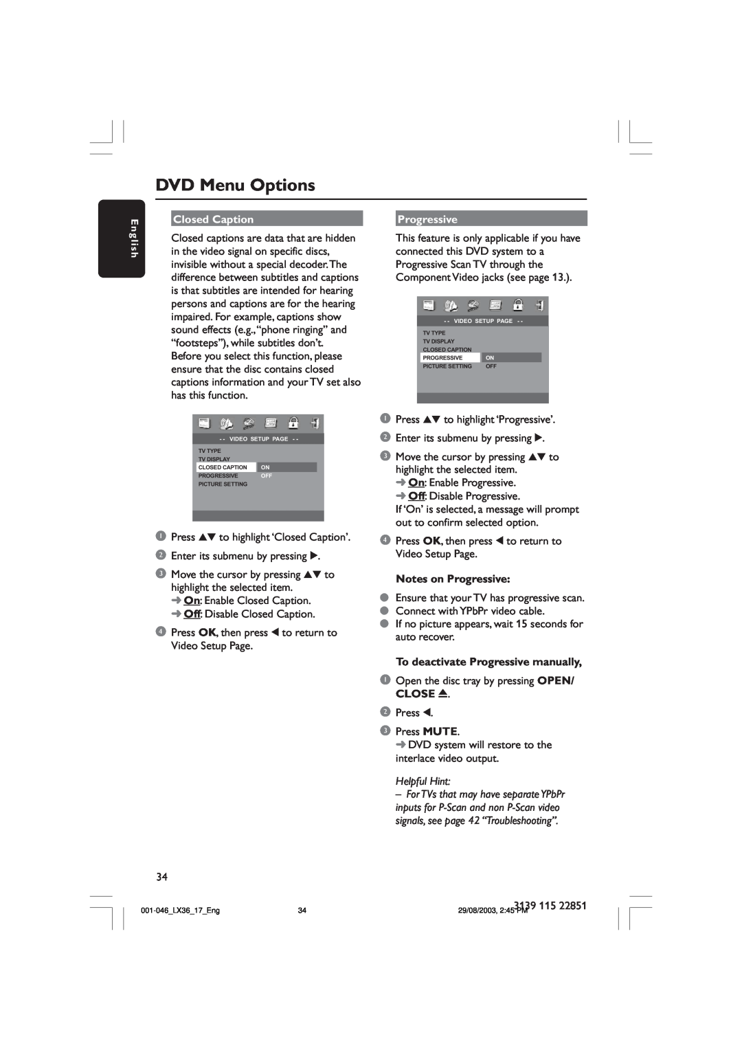 Philips LX3600 warranty DVD Menu Options, Closed Caption, Notes on Progressive, To deactivate Progressive manually 