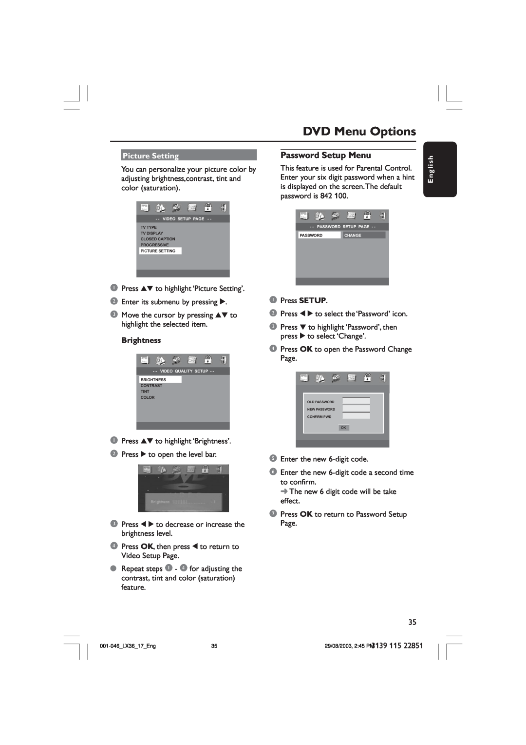 Philips LX3600 warranty Password Setup Menu, DVD Menu Options, Picture Setting, Brightness 