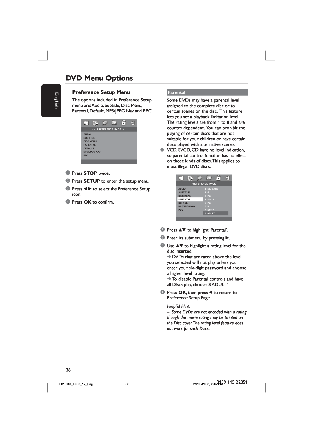 Philips LX3600 warranty Preference Setup Menu, DVD Menu Options, Helpful Hint 