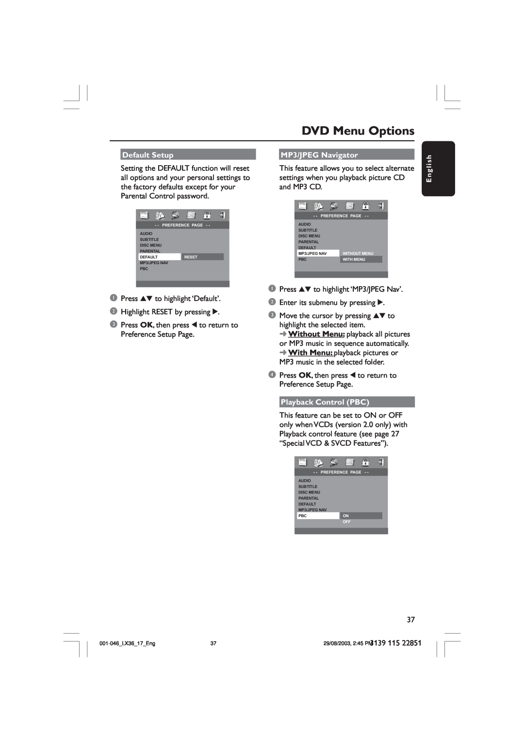 Philips LX3600 warranty DVD Menu Options, Default Setup, MP3/JPEG Navigator, Playback Control PBC 