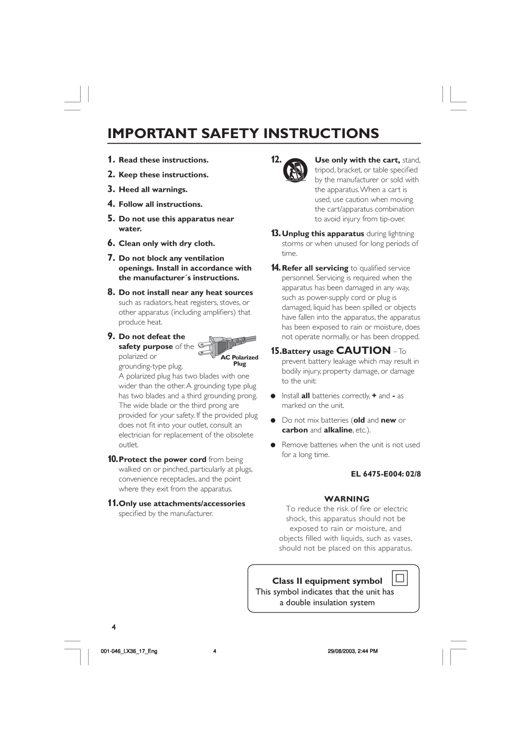Philips LX3600 Class II equipment symbol, Important Safety Instructions, Read these instructions, Follow all instructions 