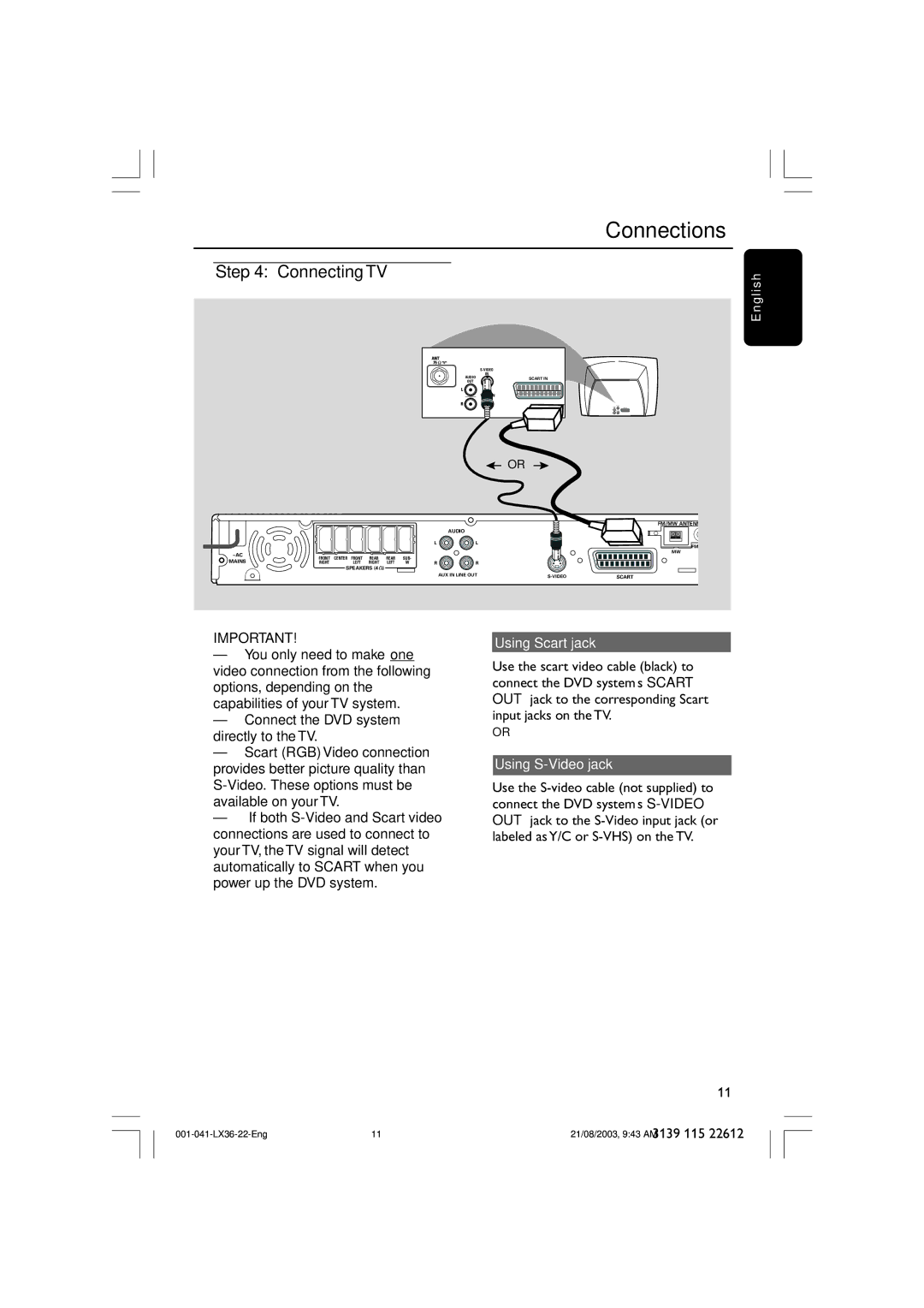 Philips LX3600D/25 manual Connecting TV, Using Scart jack, Using S-Video jack 