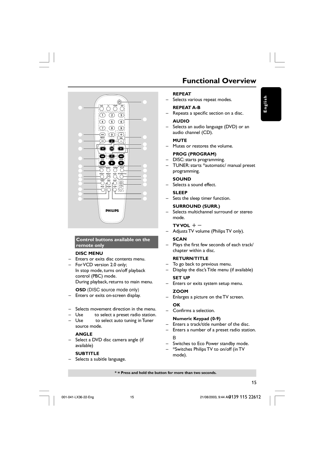 Philips LX3600D/25 manual Control buttons available on the remote only 