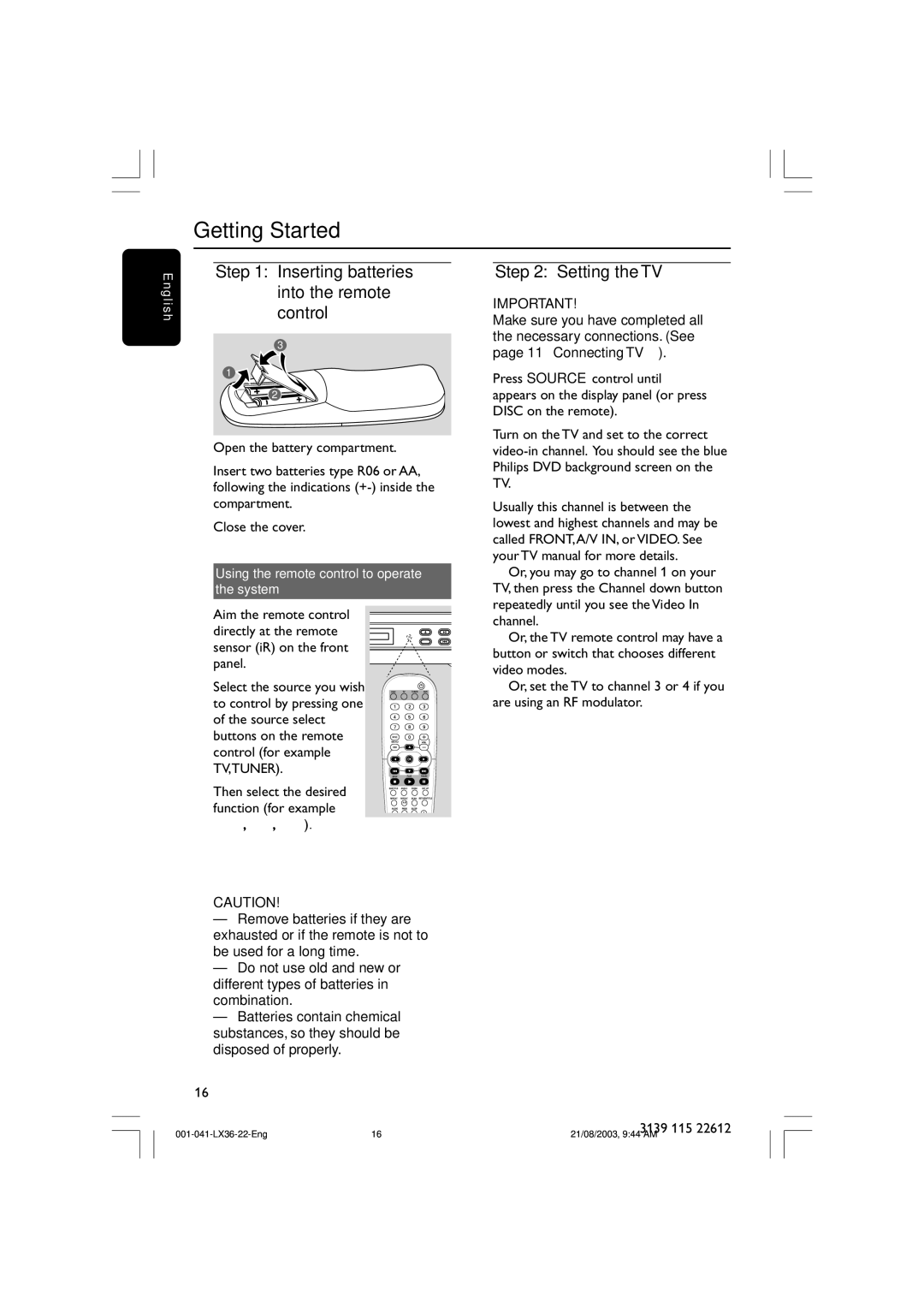 Philips LX3600D/25 manual Getting Started, Inserting batteries into the remote control, Setting the TV 