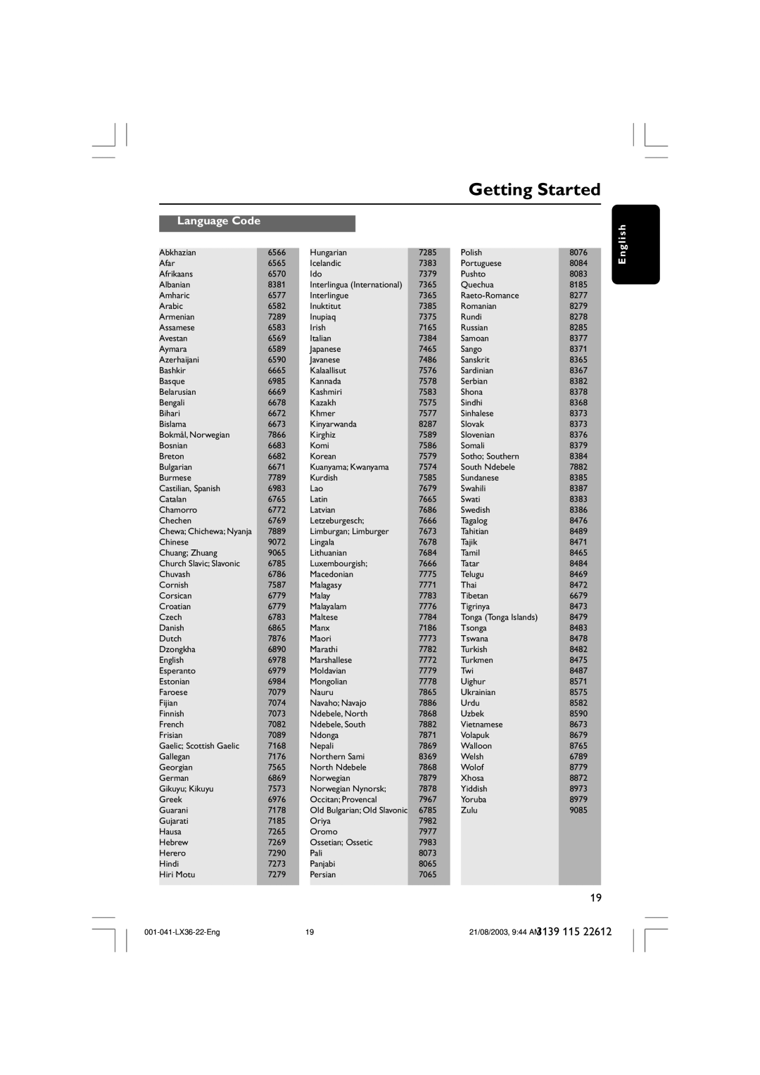 Philips LX3600D/25 manual Language Code 