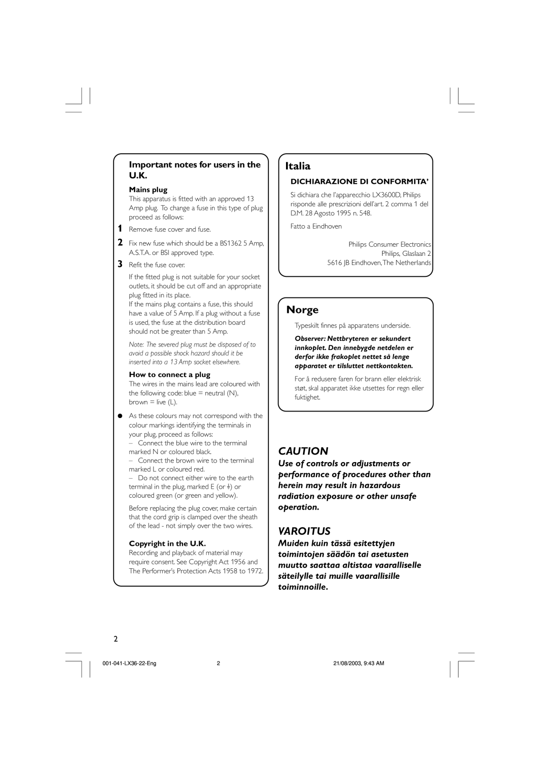 Philips LX3600D/25 manual Important notes for users in the U.K, Mains plug 