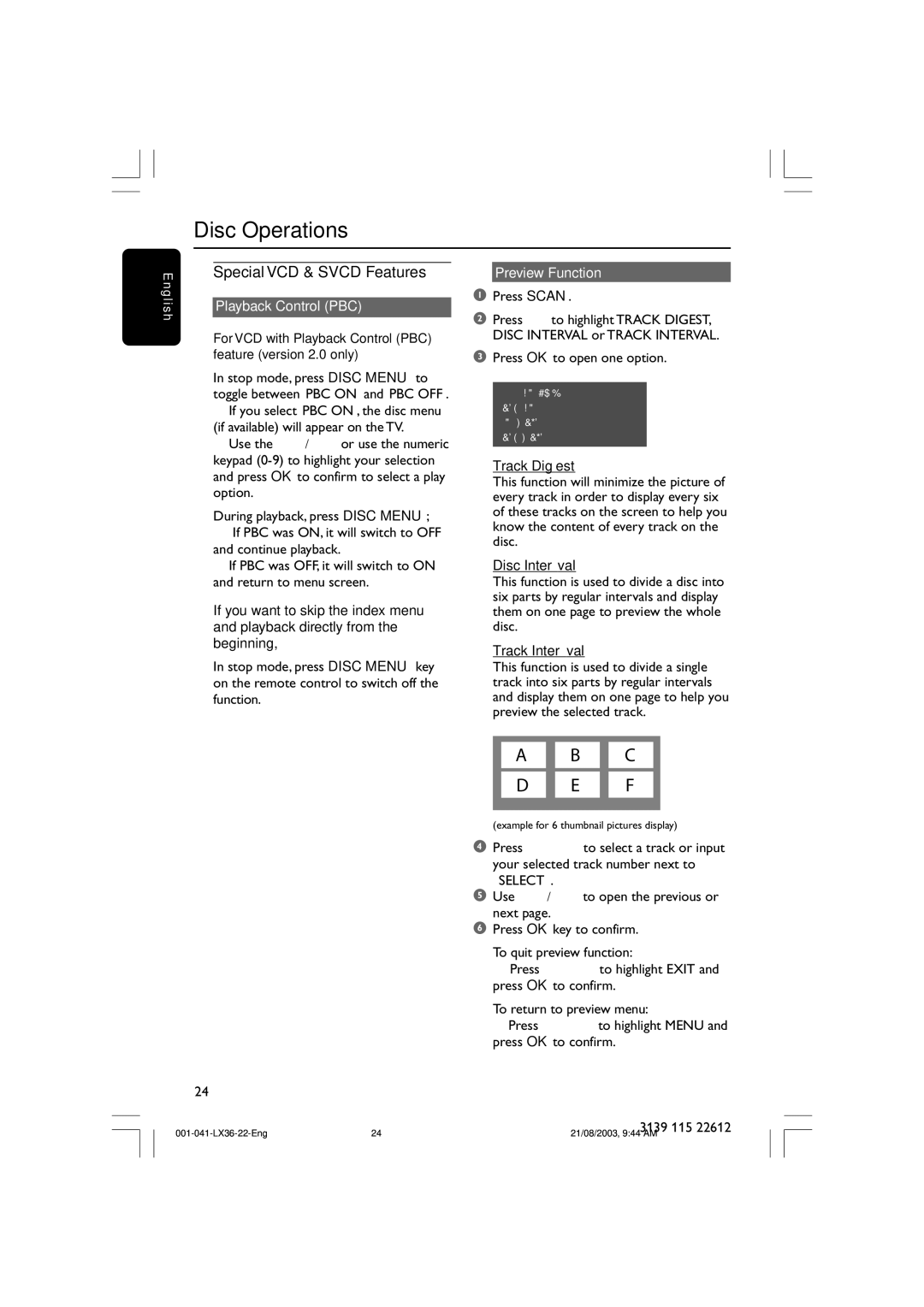 Philips LX3600D/25 manual Special VCD & Svcd Features, Playback Control PBC, Preview Function 