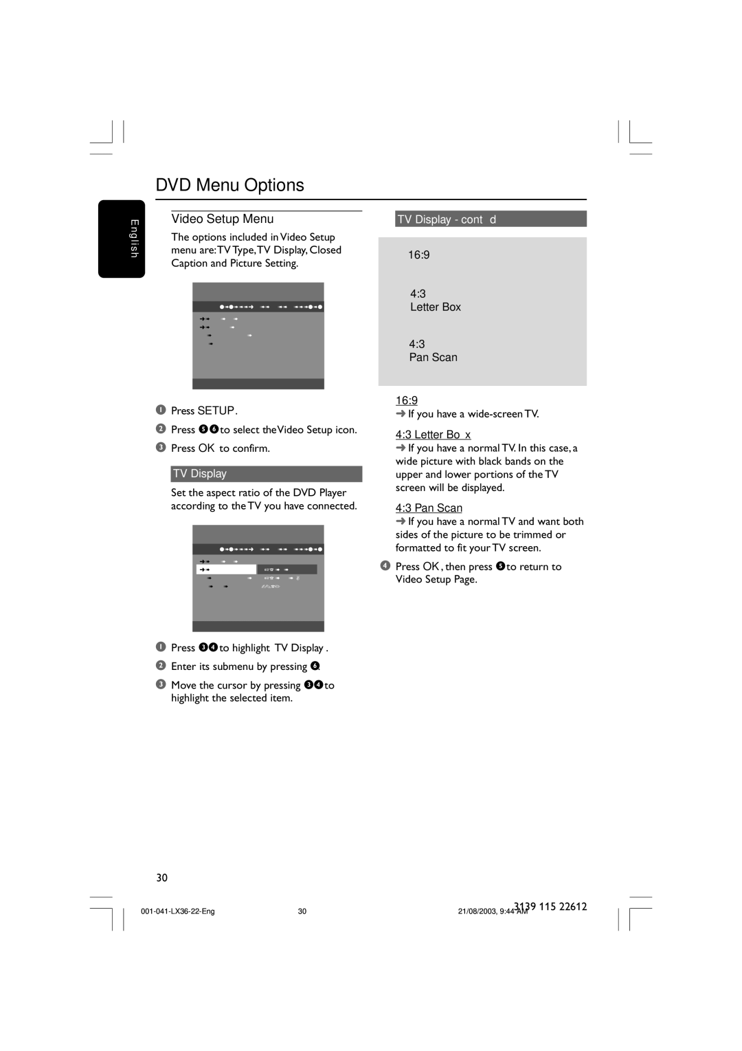 Philips LX3600D/25 manual Video Setup Menu, TV Display cont’d 