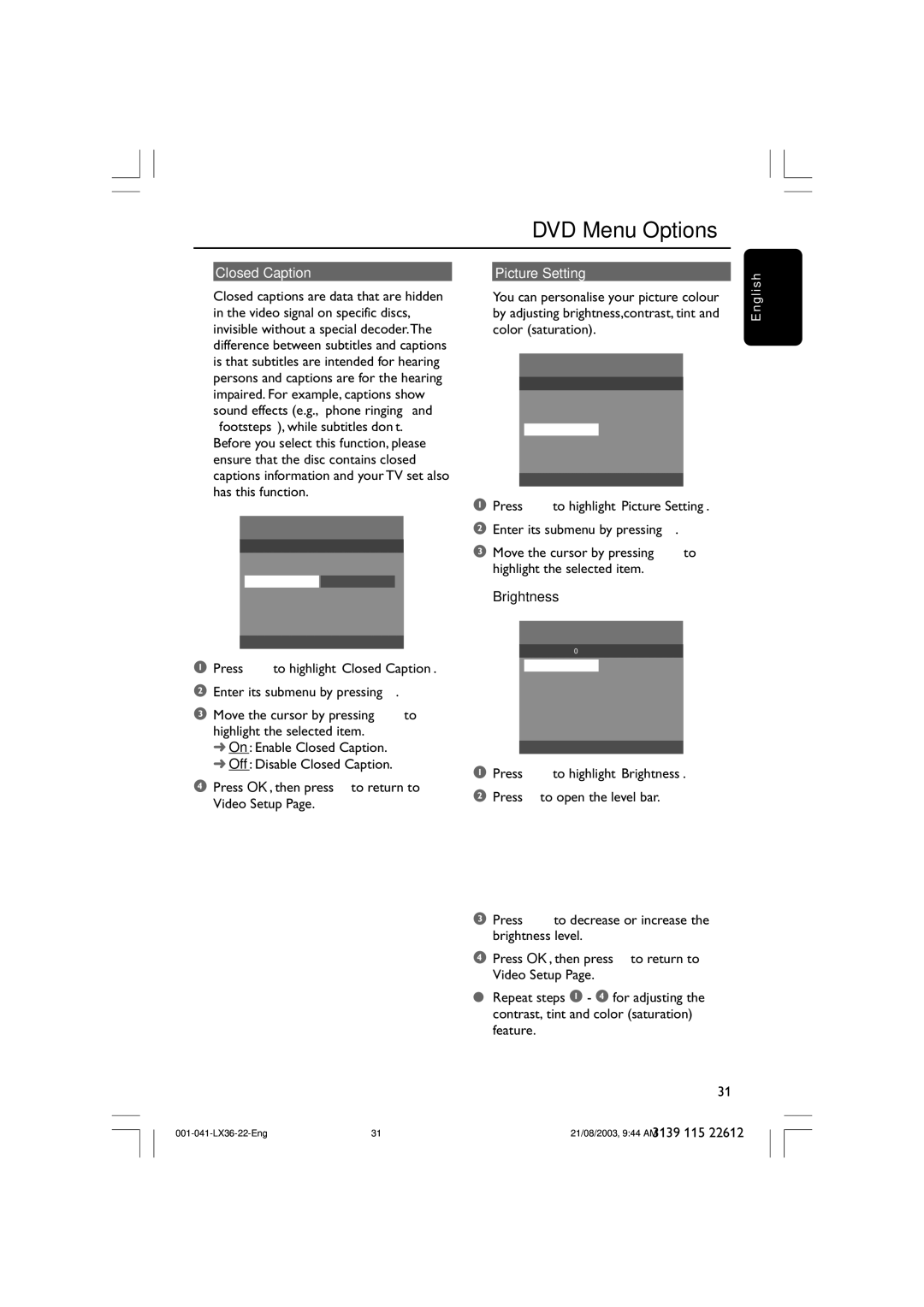 Philips LX3600D/25 manual Closed Caption, Picture Setting, Brightness 