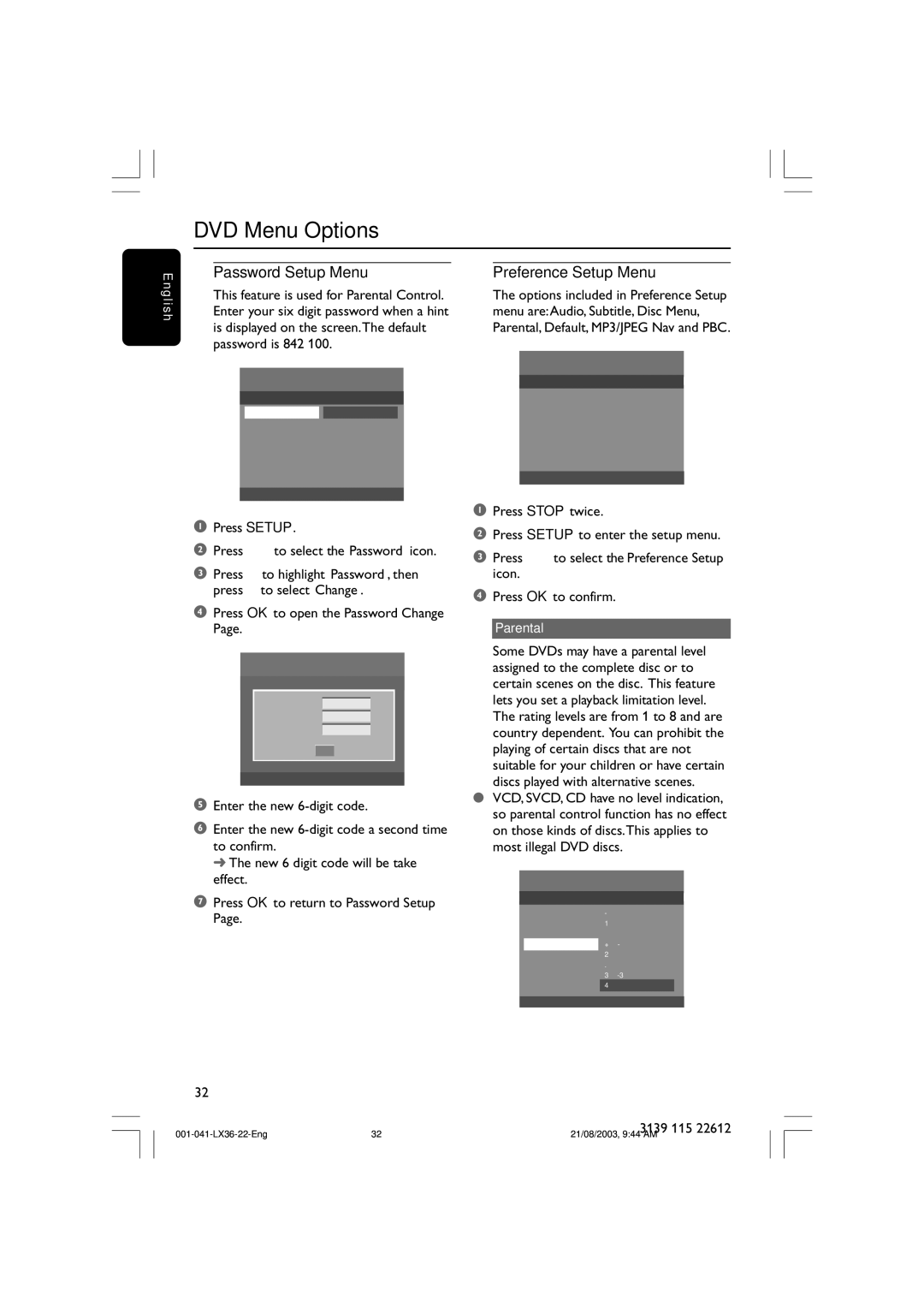 Philips LX3600D/25 manual Password Setup Menu Preference Setup Menu, Password is 842 