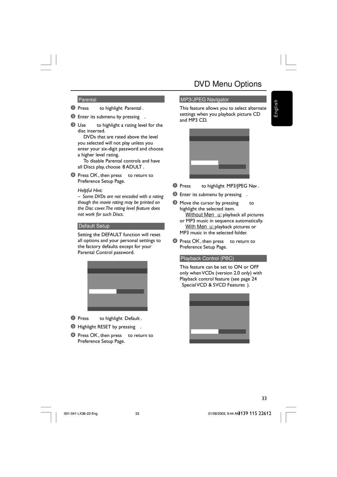 Philips LX3600D/25 manual Default Setup, MP3/JPEG Navigator 