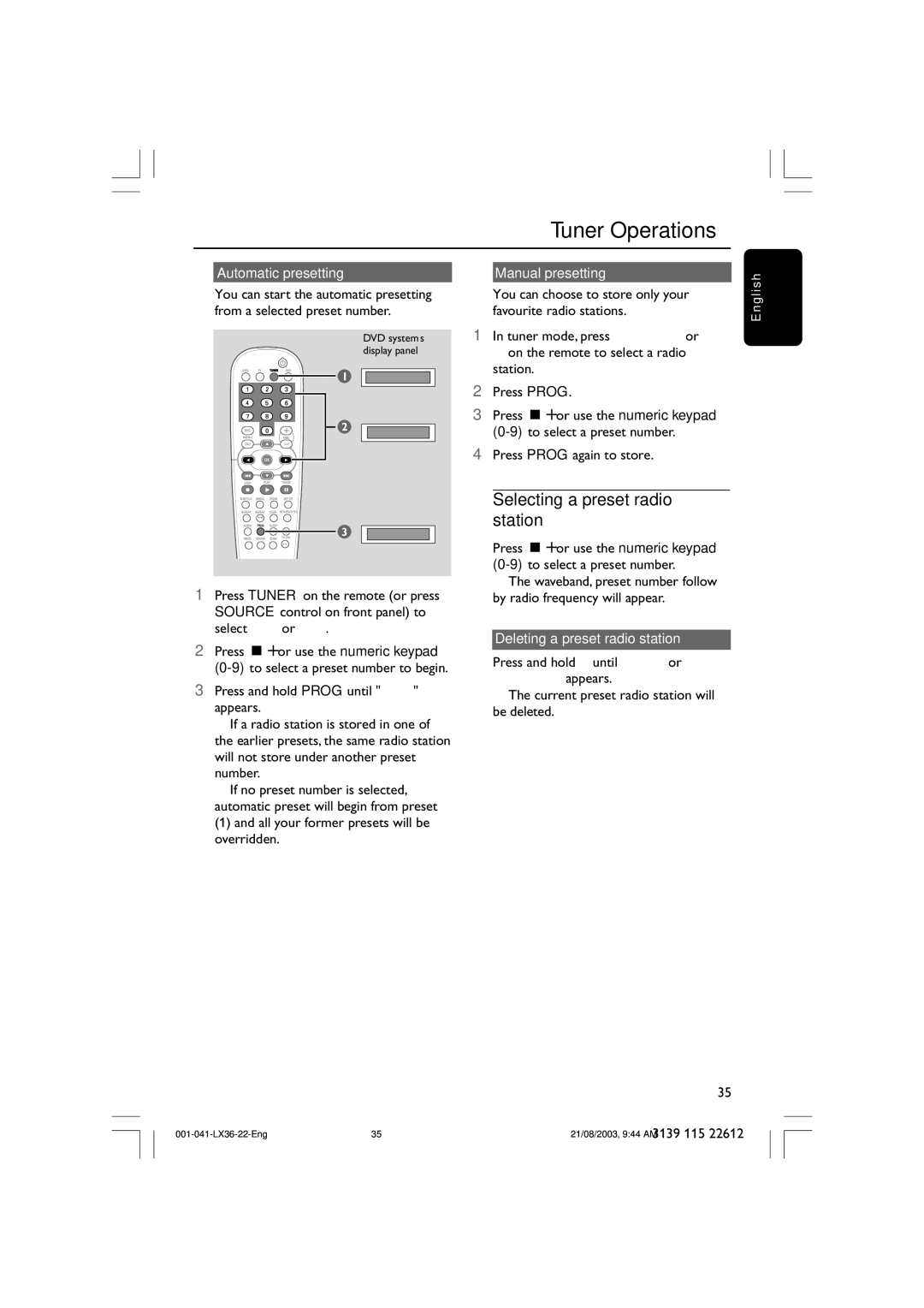 Philips LX3600D/25 manual Selecting a preset radio station, Automatic presetting Manual presetting 