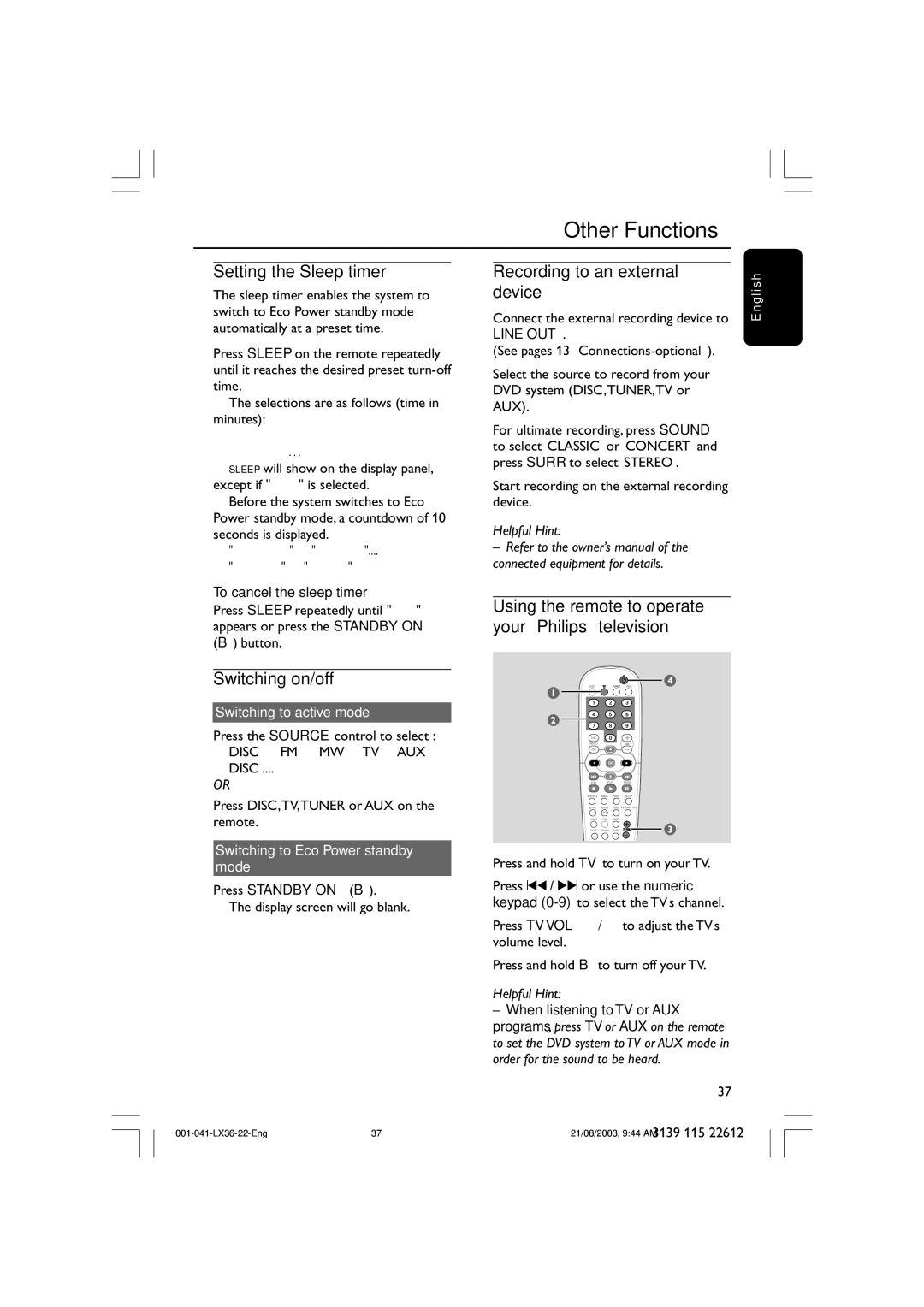 Philips LX3600D/25 manual Other Functions, Setting the Sleep timer, Switching on/off, Recording to an external device 