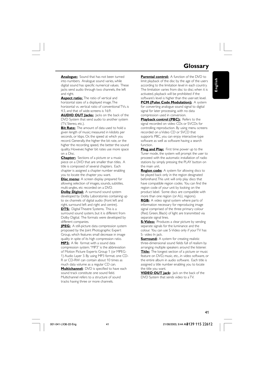 Philips LX3600D/25 manual Glossary 