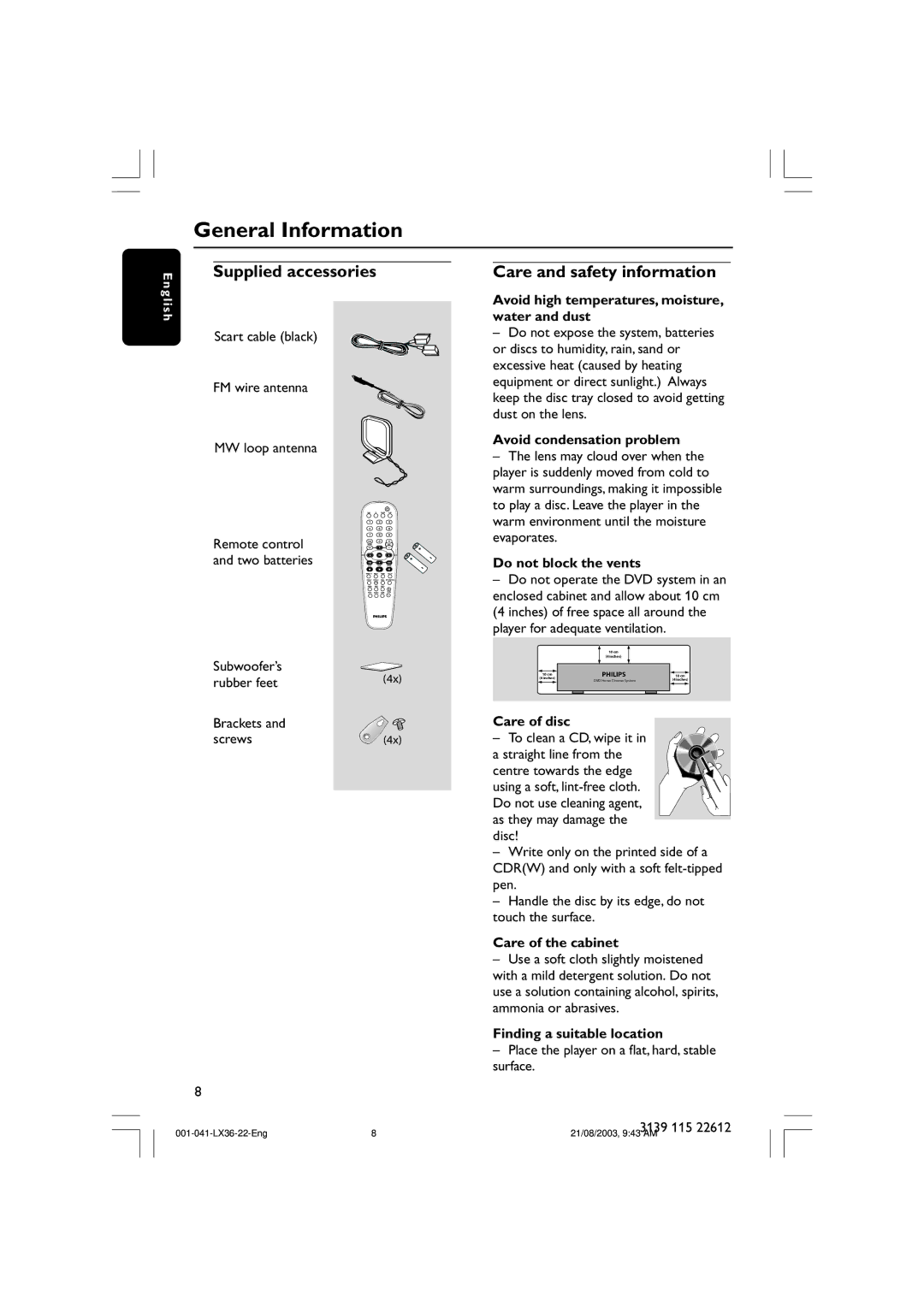 Philips LX3600D/25 manual General Information, Care and safety information, Supplied accessories 