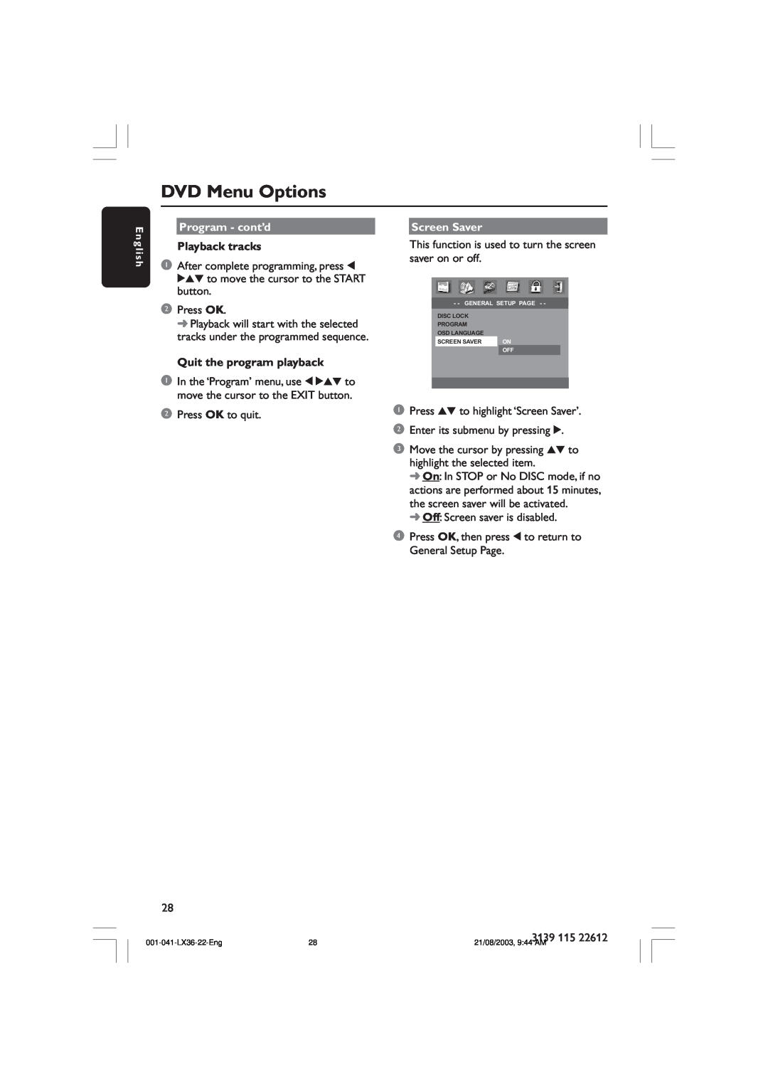 Philips LX3600D/25 DVD Menu Options, Program - cont’d, Playback tracks, After complete programming, press, Screen Saver 