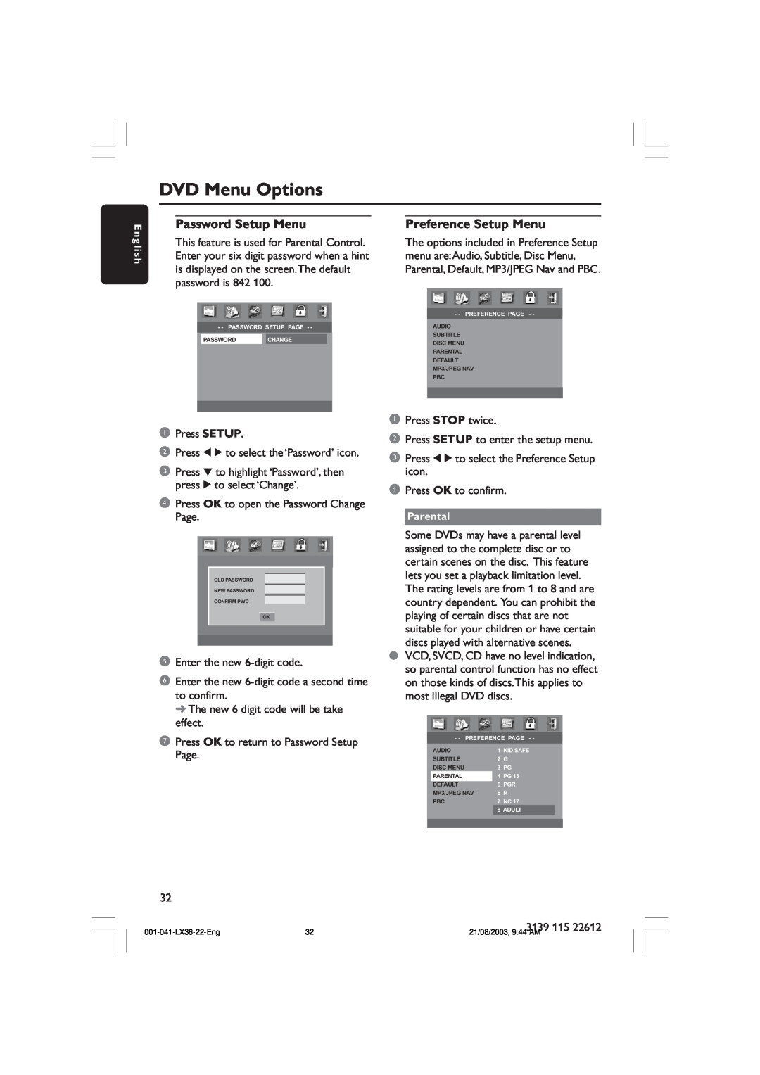 Philips LX3600D/25 manual Password Setup Menu, Preference Setup Menu, DVD Menu Options 