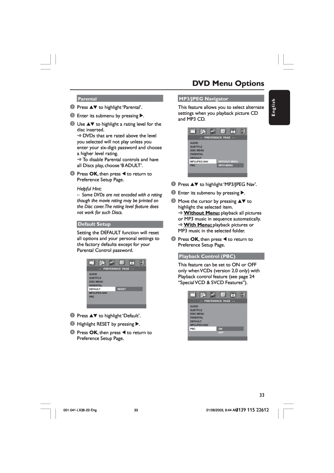 Philips LX3600D/25 manual DVD Menu Options, Helpful Hint, Default Setup, MP3/JPEG Navigator, Playback Control PBC 