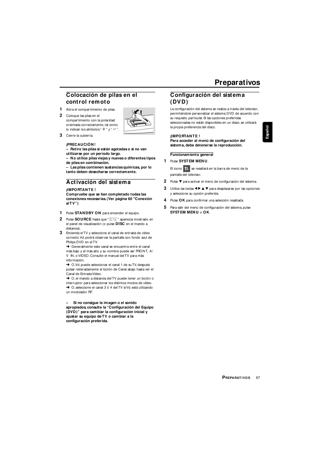 Philips LX3700D manual Activación del sistema, ¡Precaución 