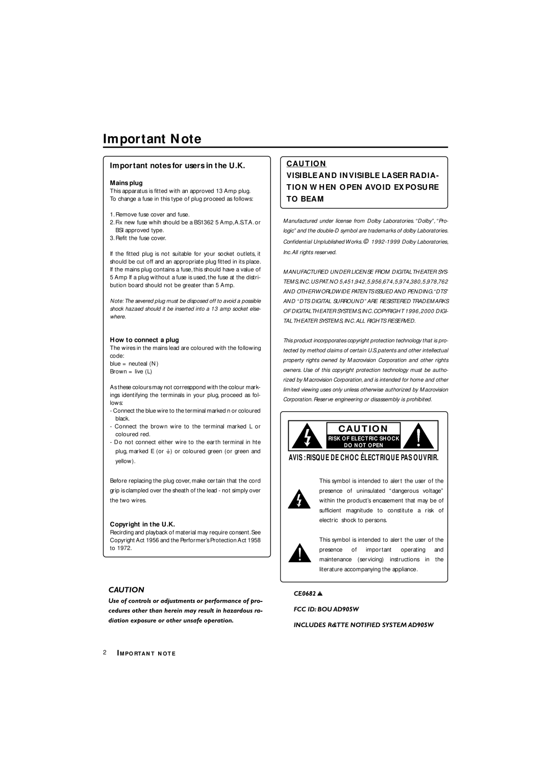 Philips LX3700D manual Important Note, Mains plug, How to connect a plug, Copyright in the U.K 