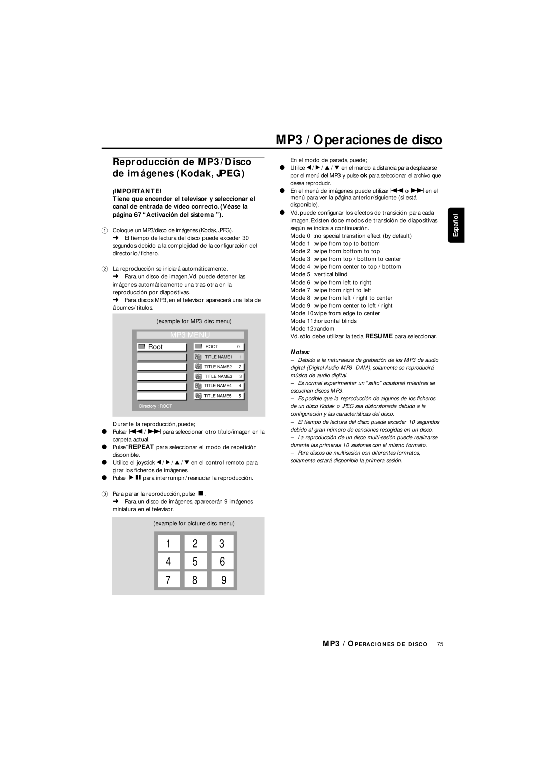 Philips LX3700D manual MP3 / Operaciones de disco, Reproducción de MP3 / Disco de imágenes Kodak, Jpeg 