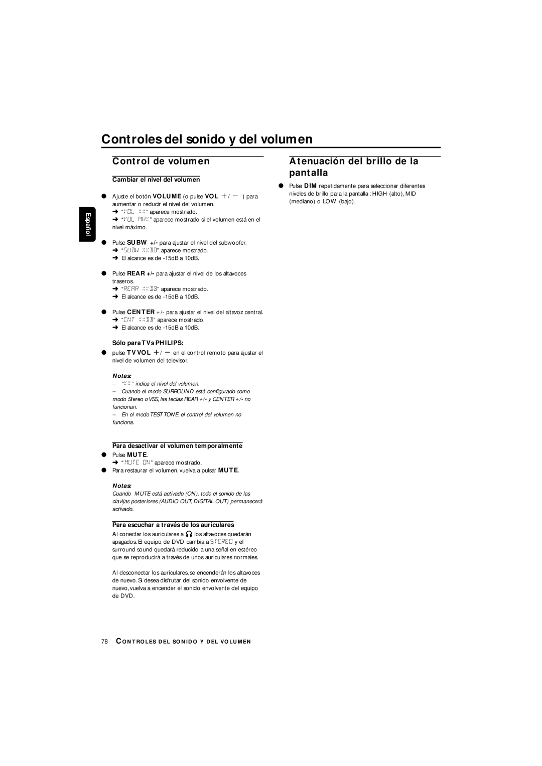 Philips LX3700D manual Control de volumen Atenuación del brillo de la Pantalla, Sólo para TVs Philips 