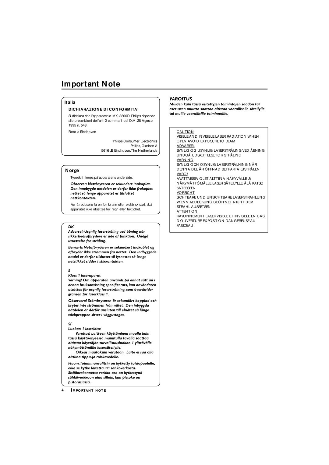 Philips LX3700D manual Italia, Dichiarazione DI CONFORMITA’ 