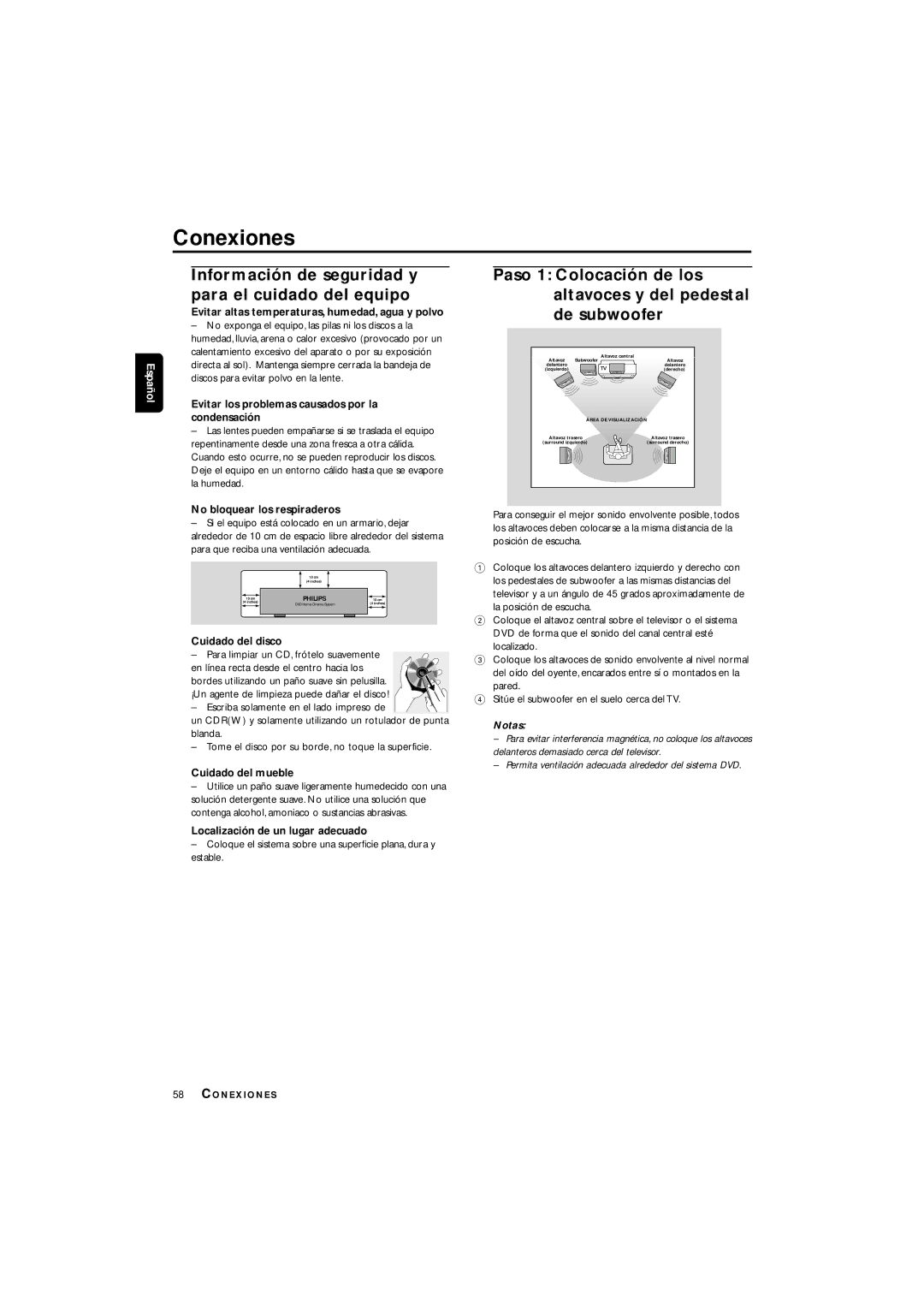 Philips LX3700D manual Conexiones, Información de seguridad y para el cuidado del equipo 