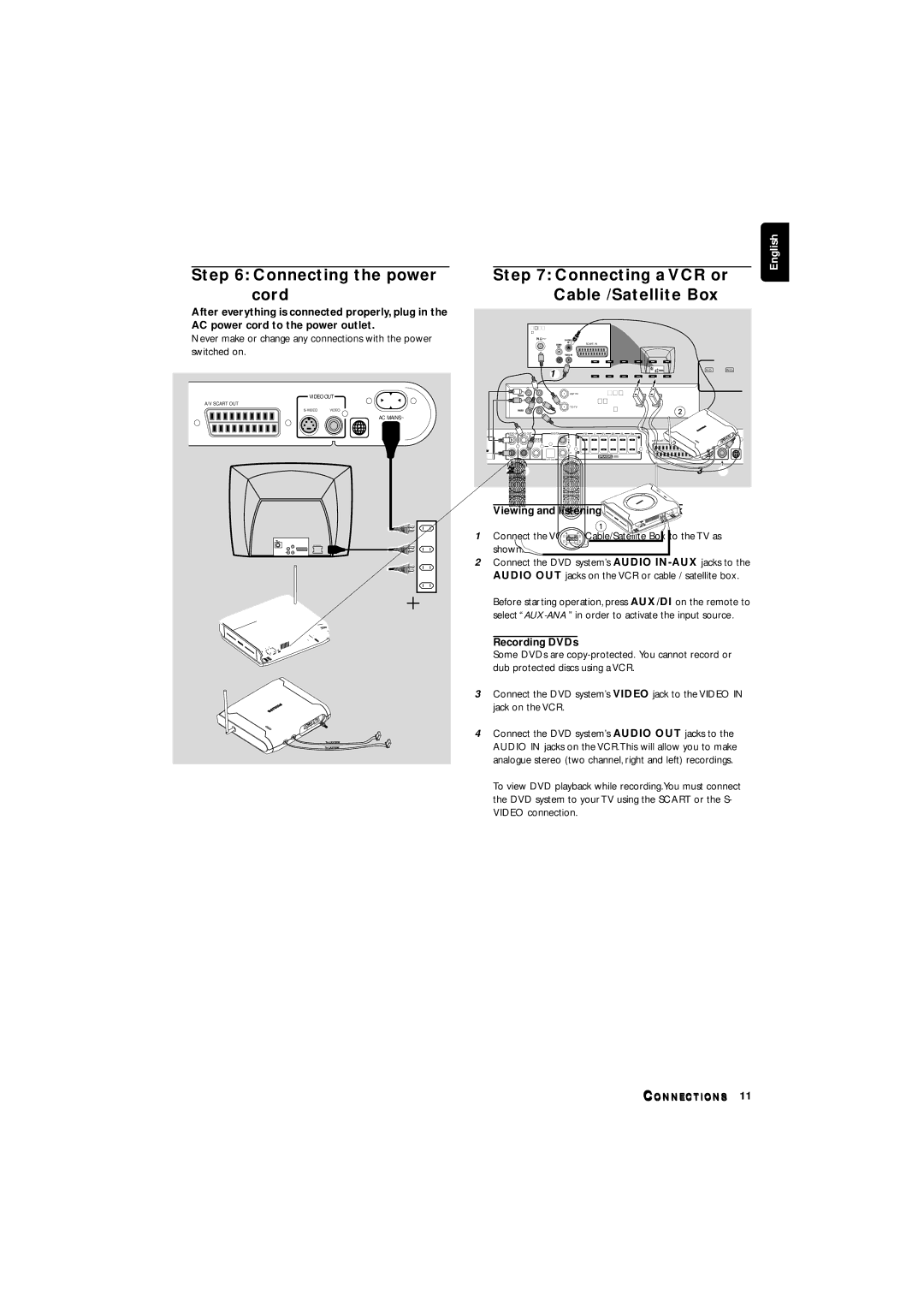 Philips LX3700D Connecting the power cord, Connecting a VCR or Cable /Satellite Box, Viewing and listening to the playback 