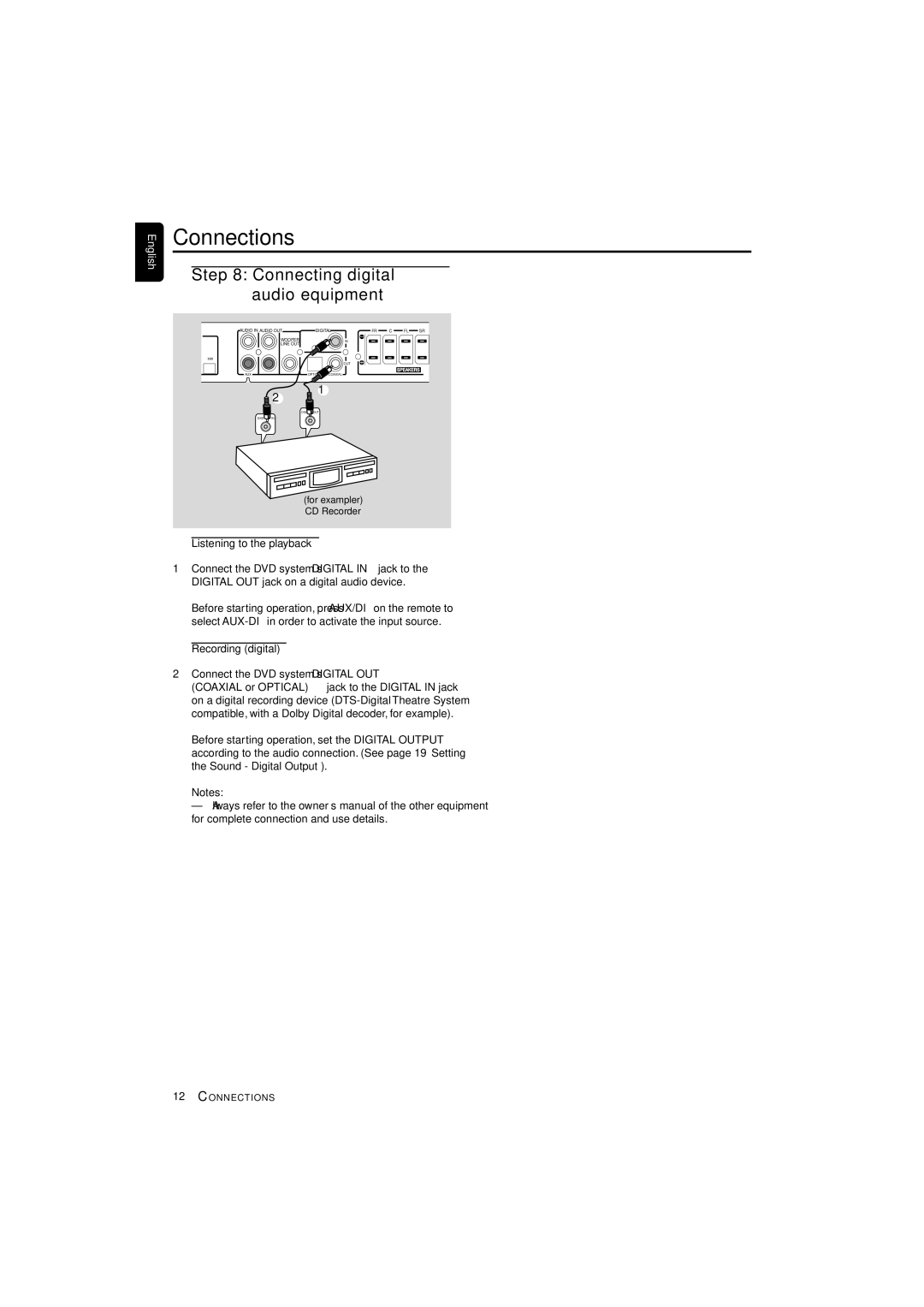 Philips LX3700D manual Connecting digital audio equipment, Listening to the playback, Recording digital 