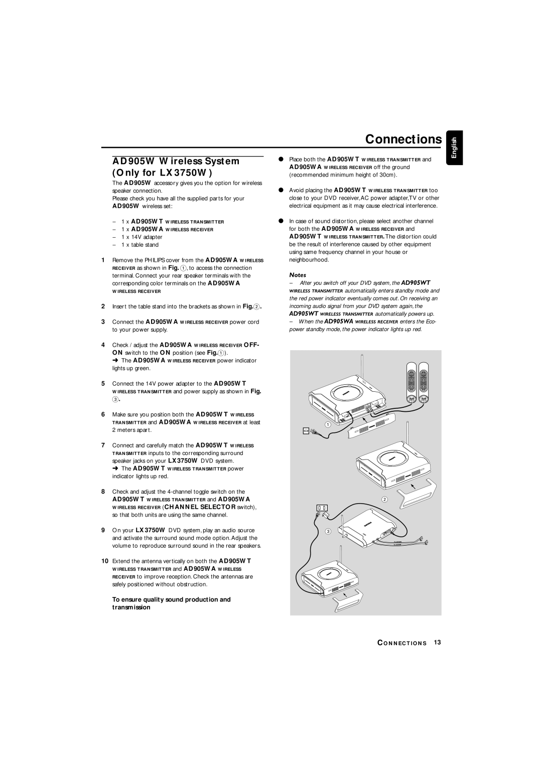 Philips LX3700D manual AD905W Wireless System Only for LX3750W, To ensure quality sound production and transmission 